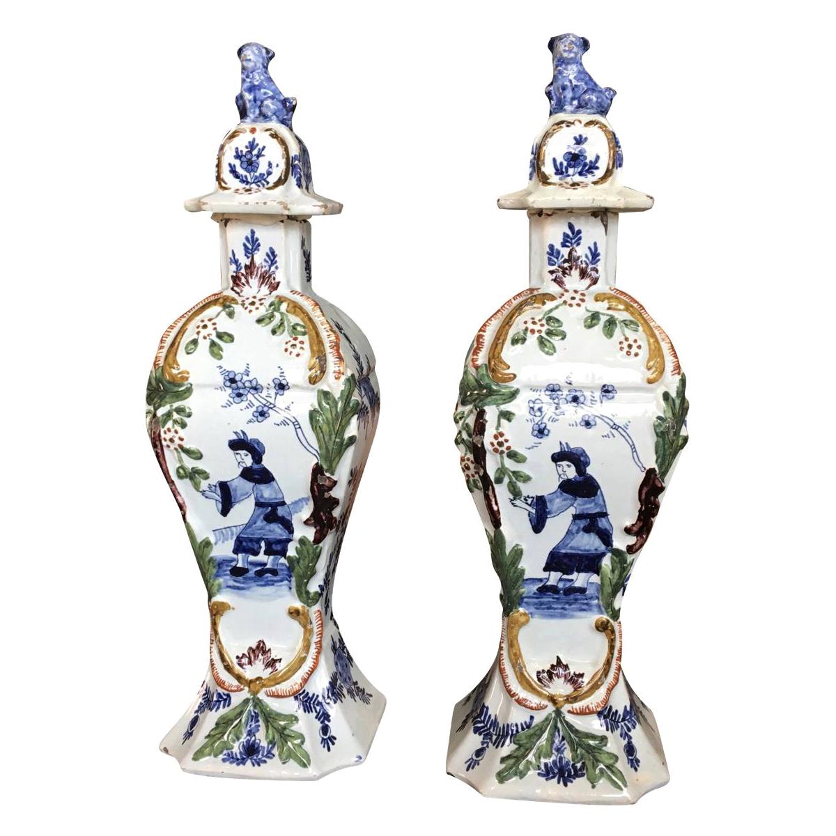 Pair of 18th Century Delft Lidded Jars, Chinoiserie Decor