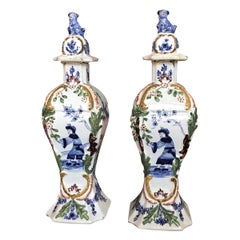 Pair of 18th Century Delft Lidded Jars, Chinoiserie Decor