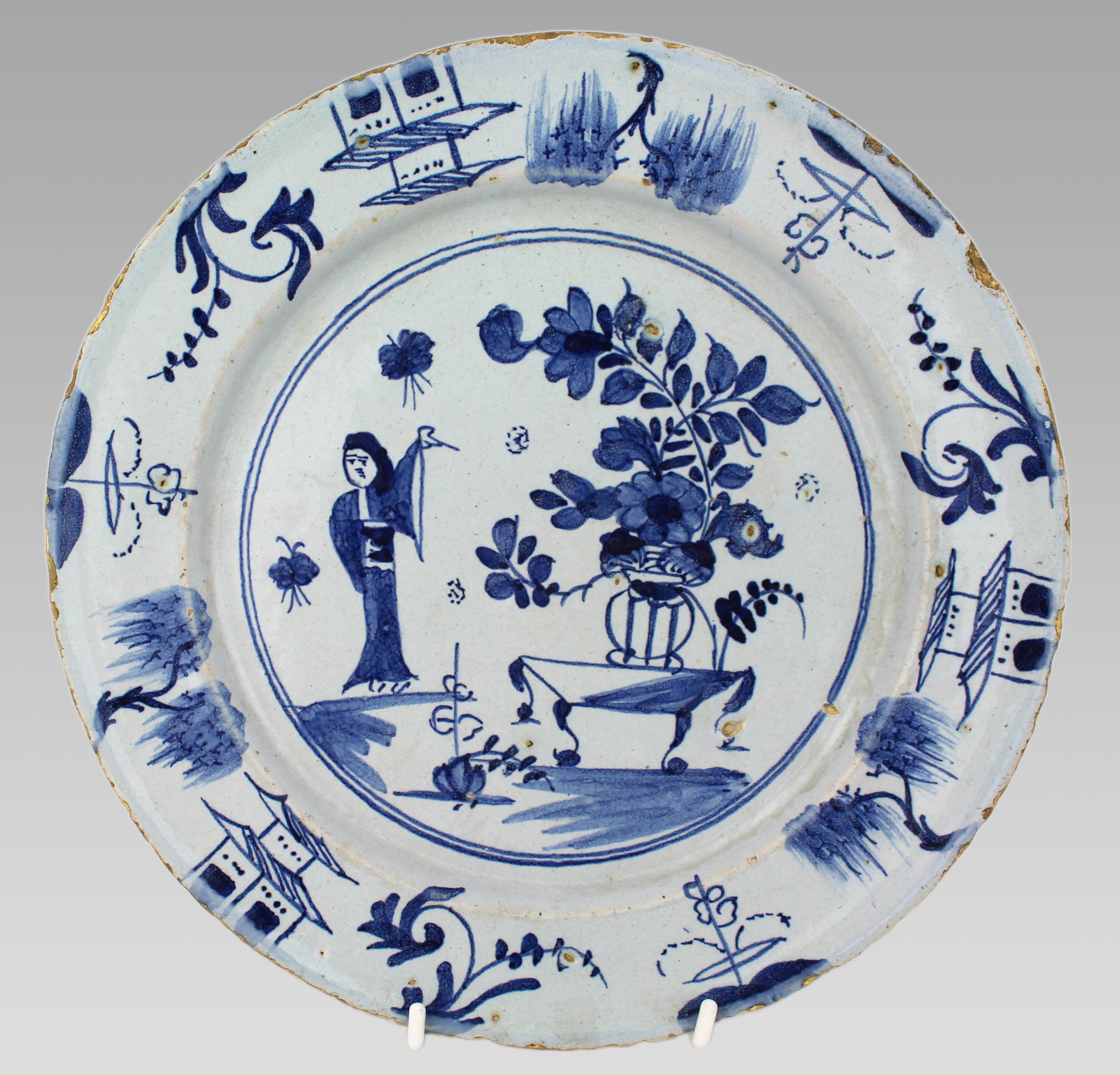 Dutch Pair of 18th Century Delft Plates – Chinoiserie & Floral Designs For Sale