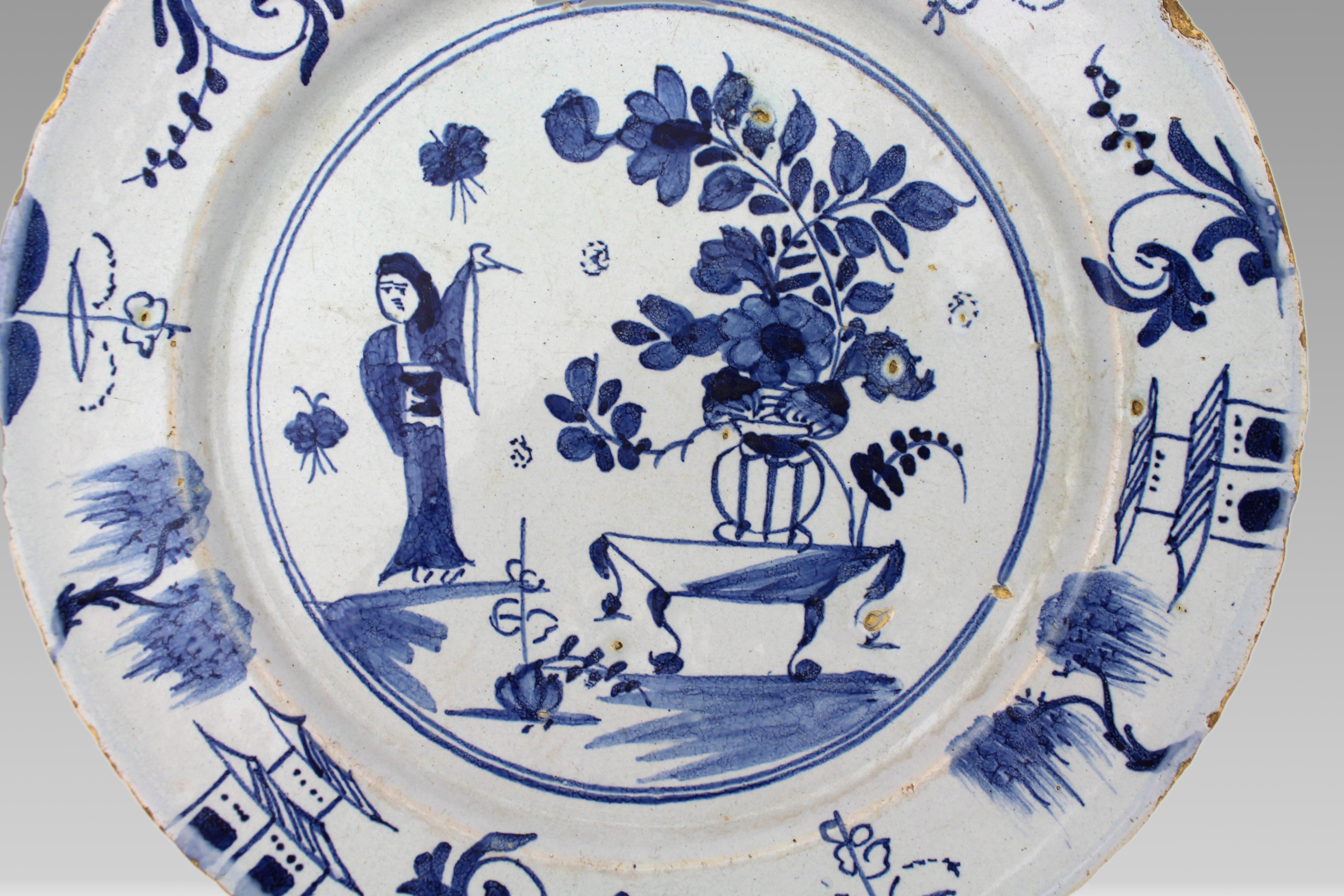 Glazed Pair of 18th Century Delft Plates – Chinoiserie & Floral Designs For Sale