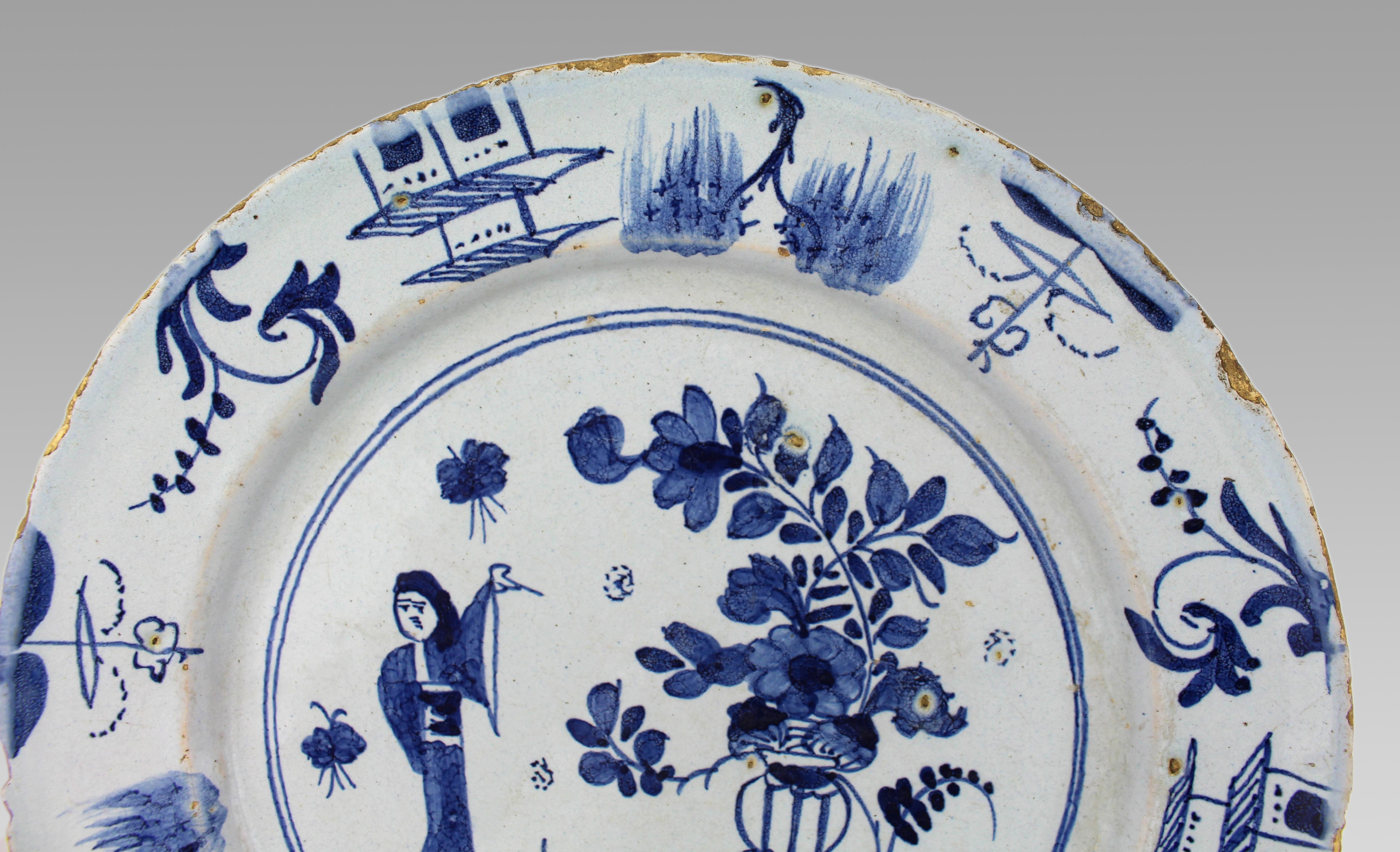 Pair of 18th Century Delft Plates – Chinoiserie & Floral Designs In Good Condition For Sale In Worcester, GB