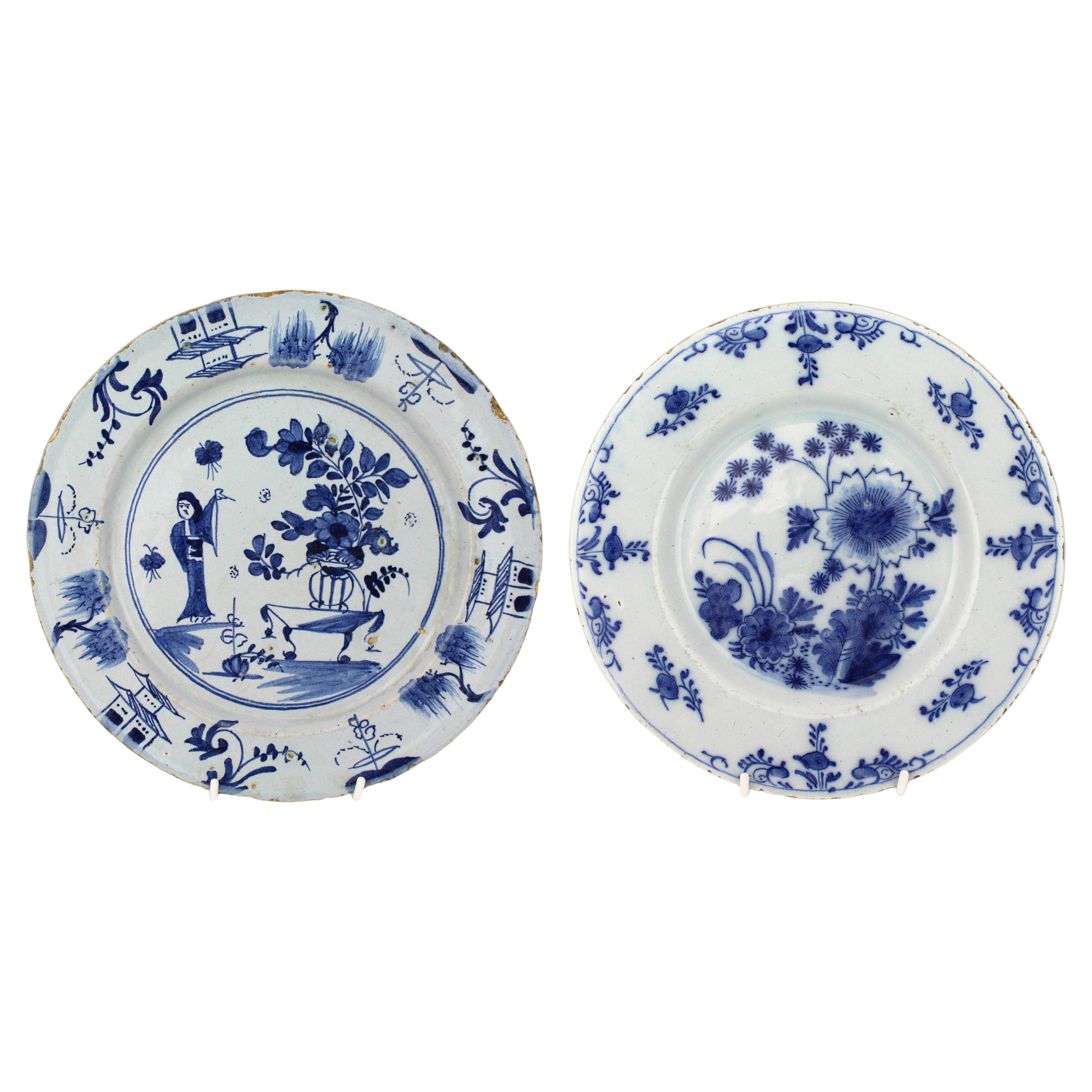 Pair of 18th Century Delft Plates – Chinoiserie & Floral Designs For Sale