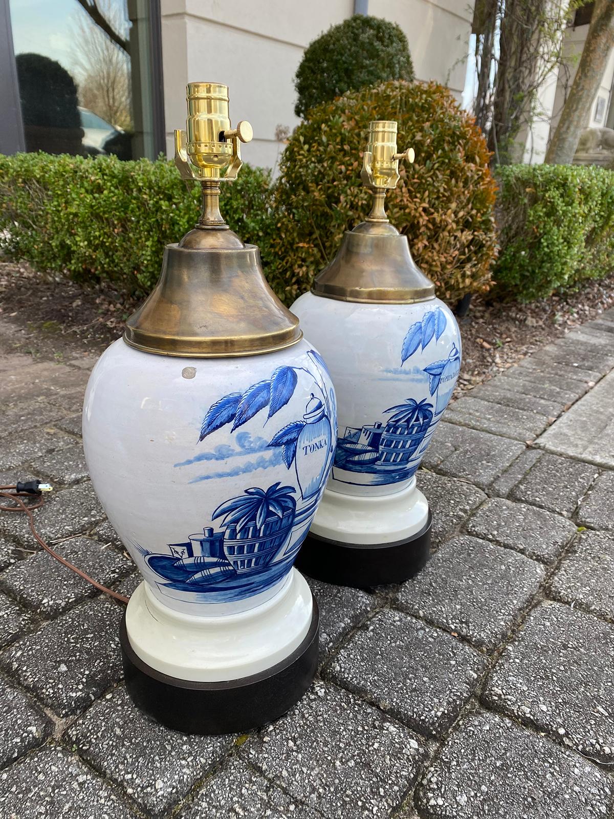 Pair of 18th Century Delft Tobacco Jars as Lamps In Good Condition In Atlanta, GA