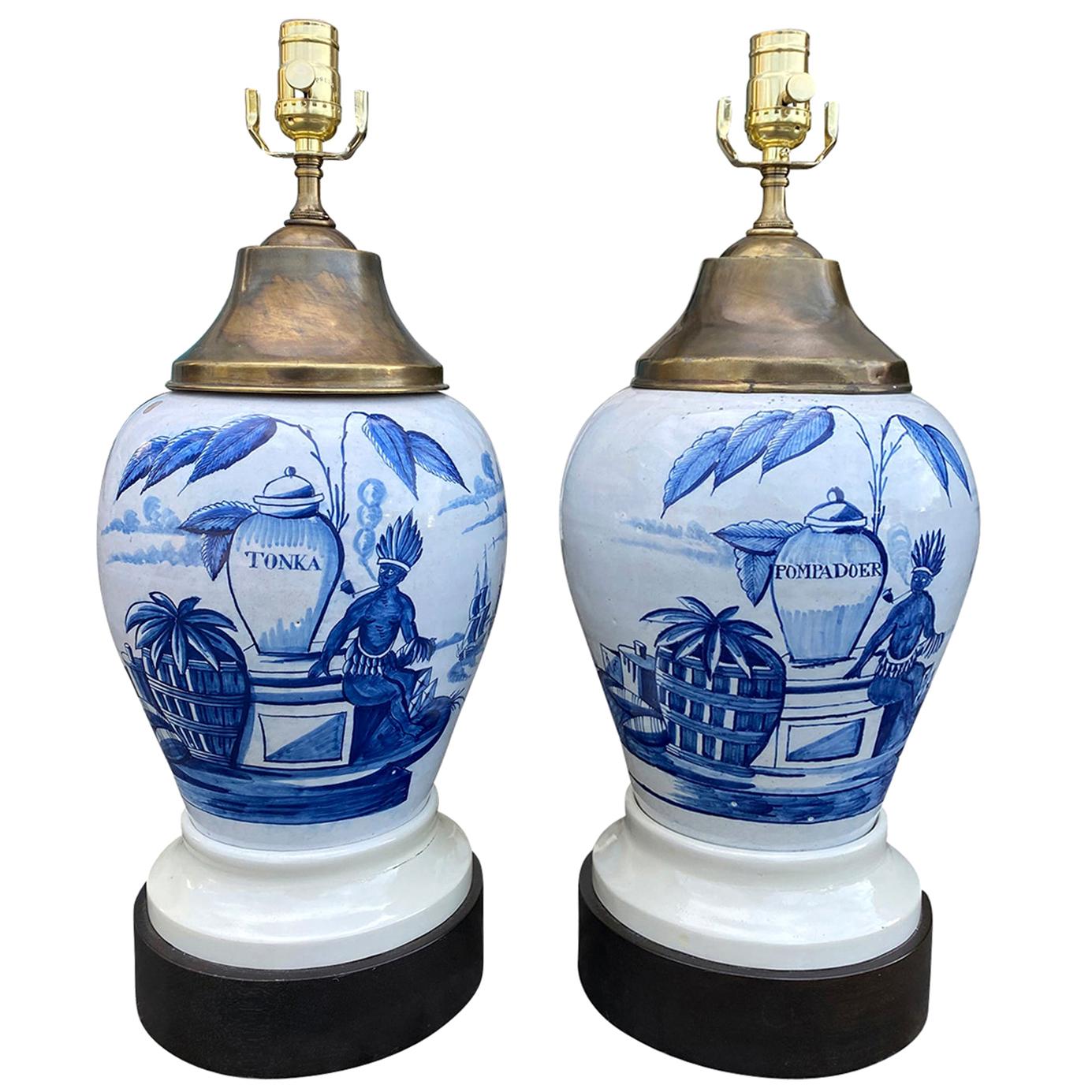 Pair of 18th Century Delft Tobacco Jars as Lamps