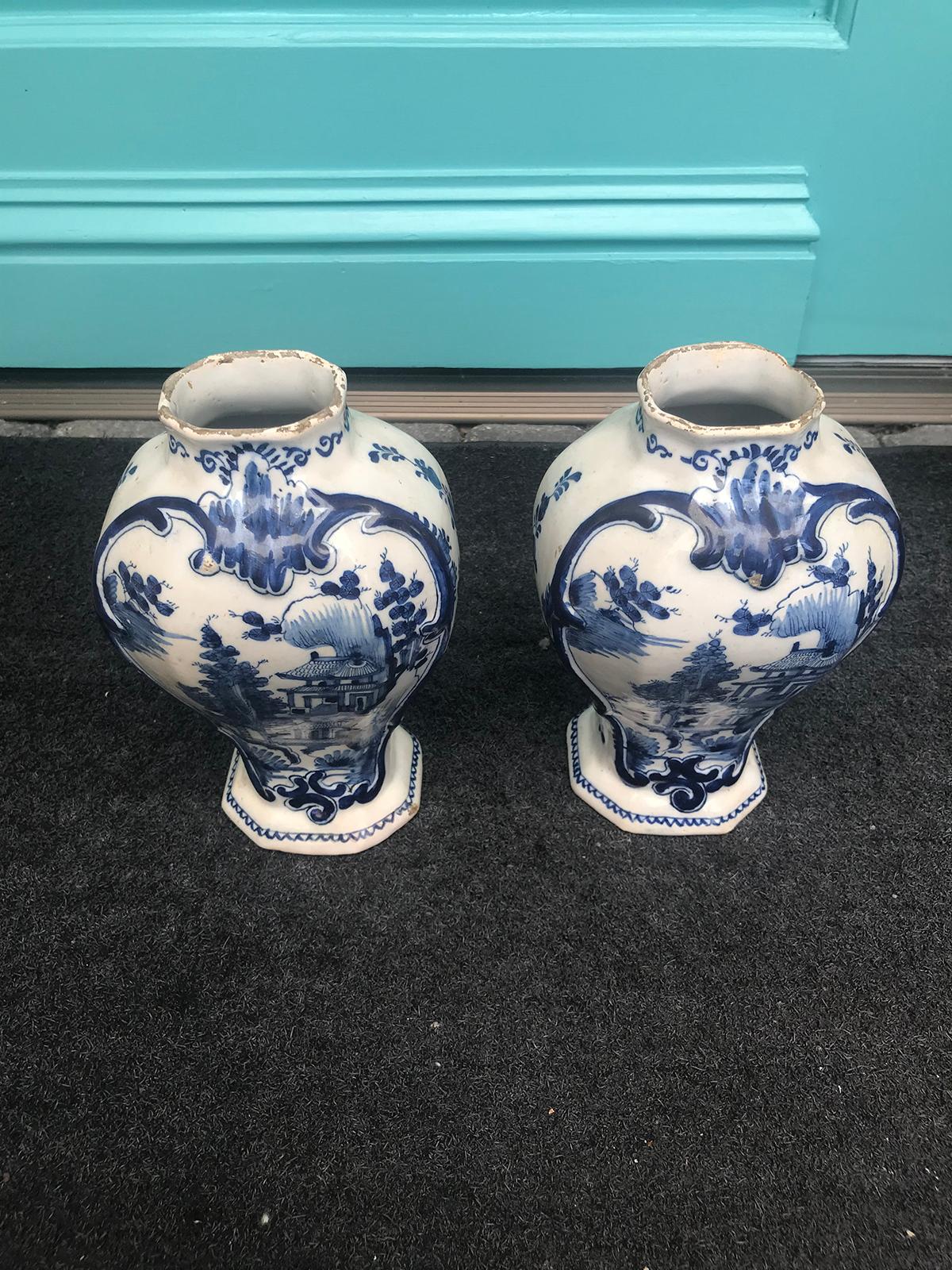 18th Century and Earlier Pair of 18th Century Delft Urns, Signed
