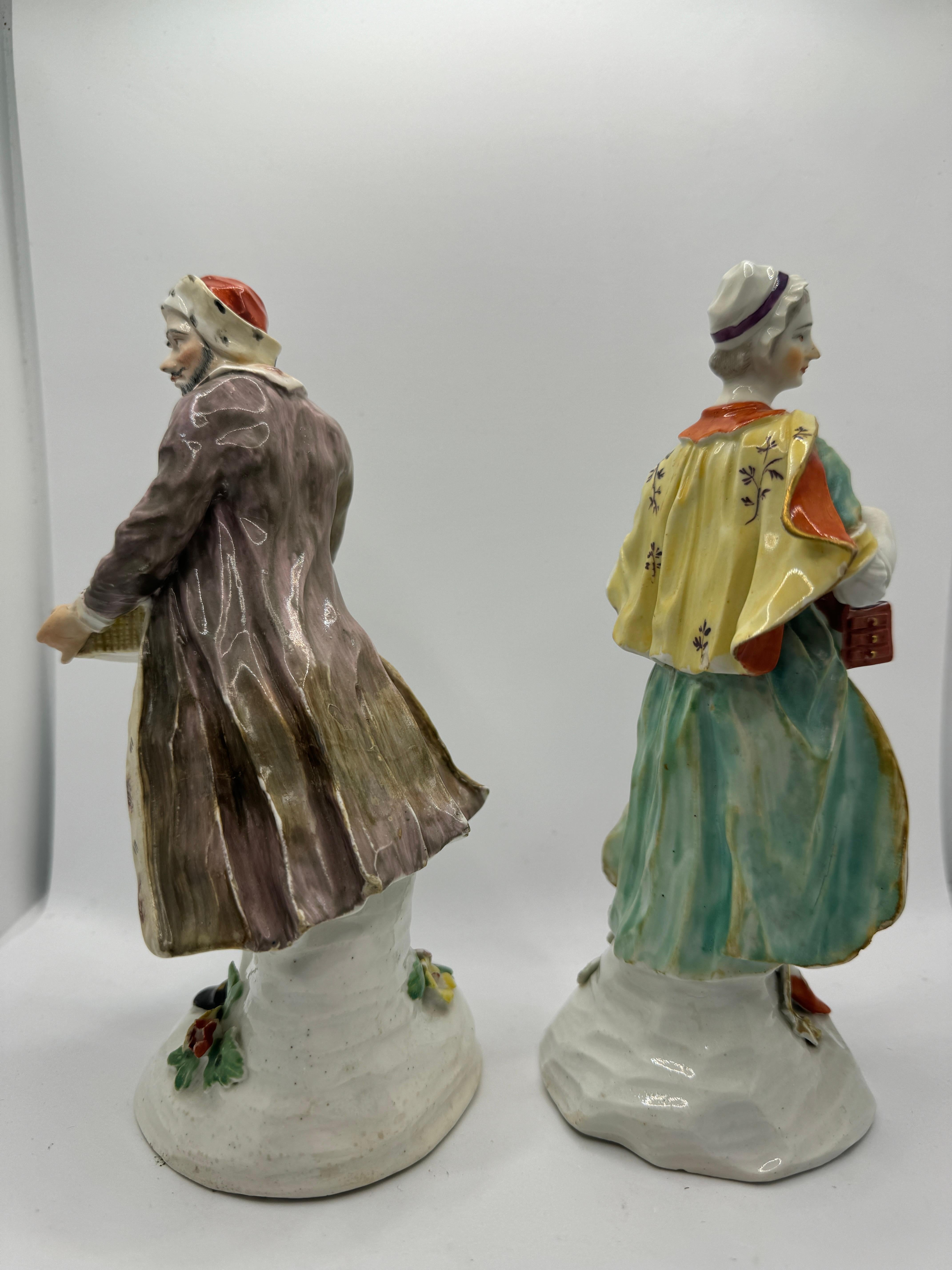 Rococo Pair of 18th Century Derby Figures of 'Jewish Pedlar and Companion' , circa 1760 For Sale