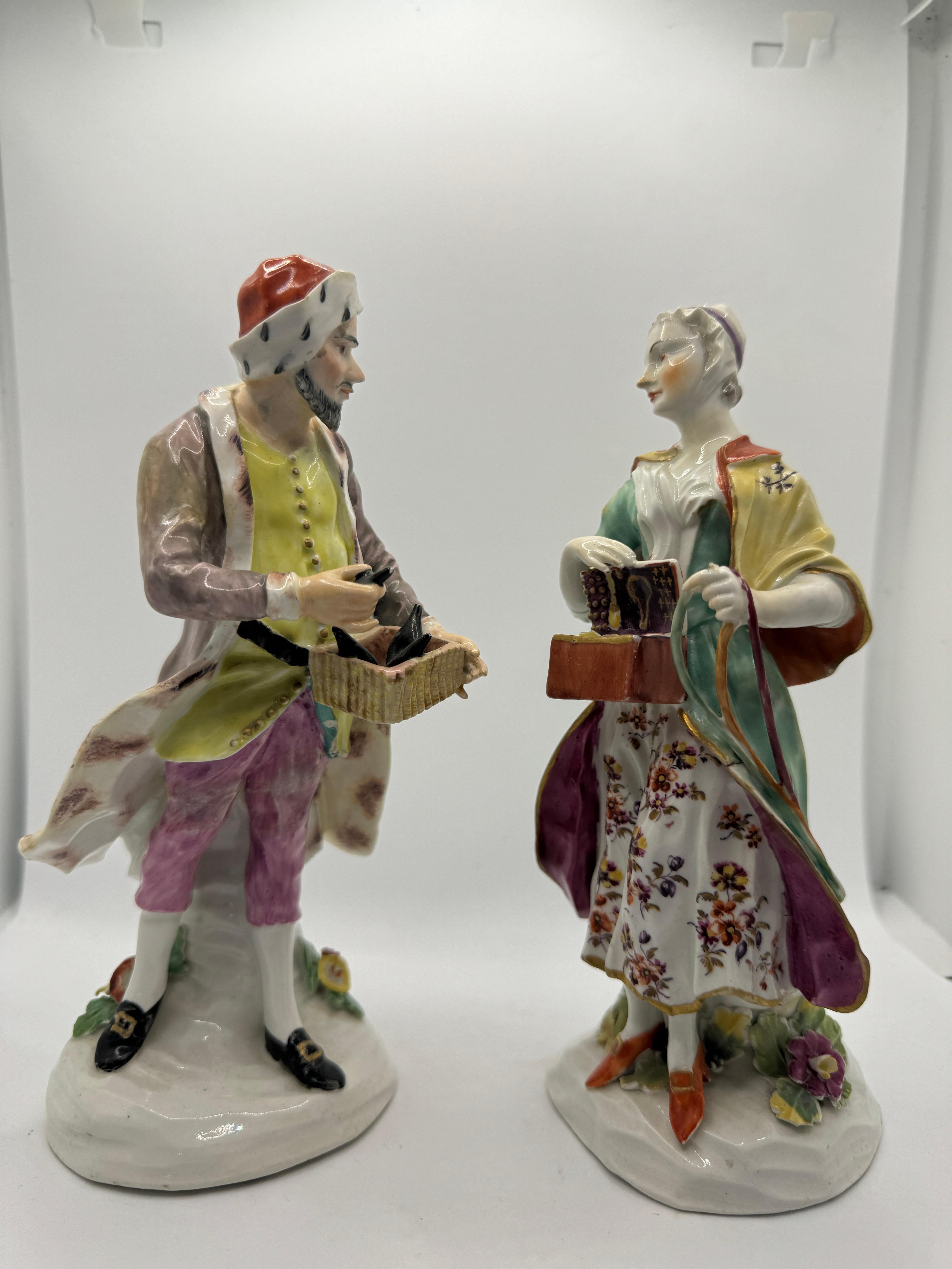 Porcelain Pair of 18th Century Derby Figures of 'Jewish Pedlar and Companion' , circa 1760 For Sale