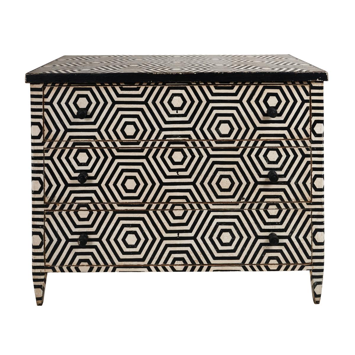 Truly fabulous finds from France, these 18th-century chests were painted in the 1950s. Channeling David Hicks with their mod geometric designs, these pieces create a bold, graphic presence in any room.
  