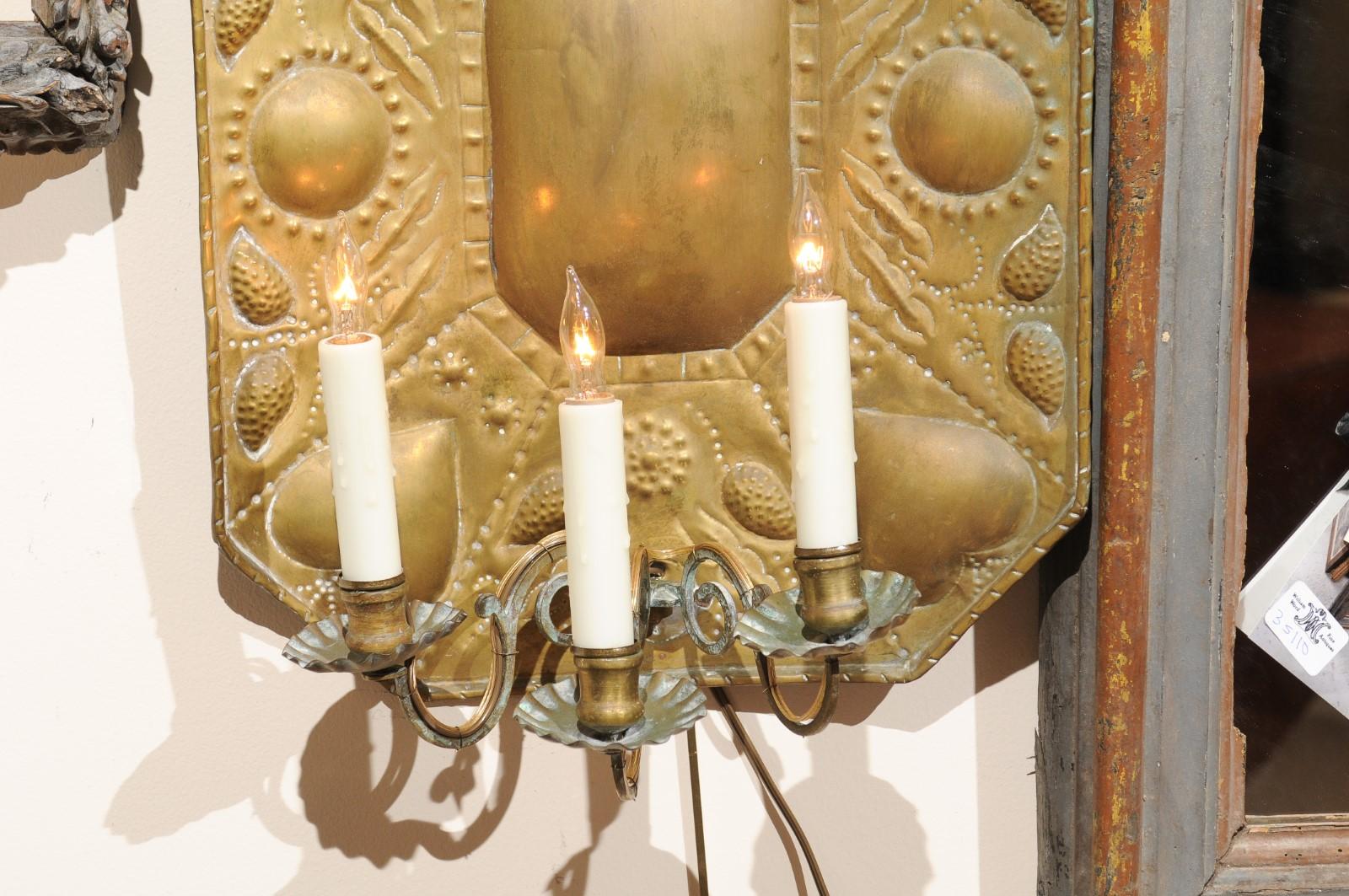 Pair of 18th Century Dutch Brass Sconces with Heart Decoration & 3 Lights 5