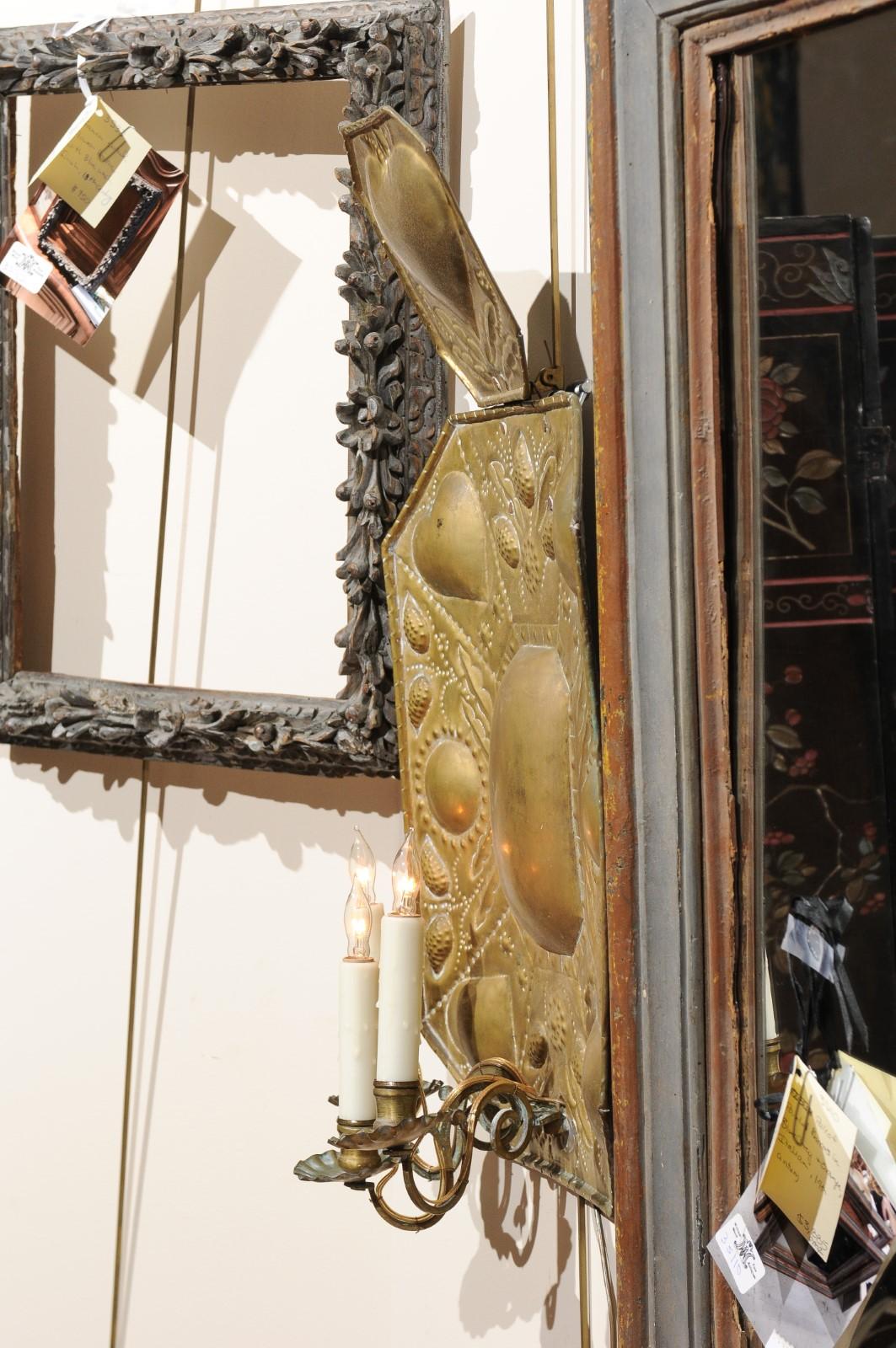 Pair of 18th Century Dutch Brass Sconces with Heart Decoration & 3 Lights 7