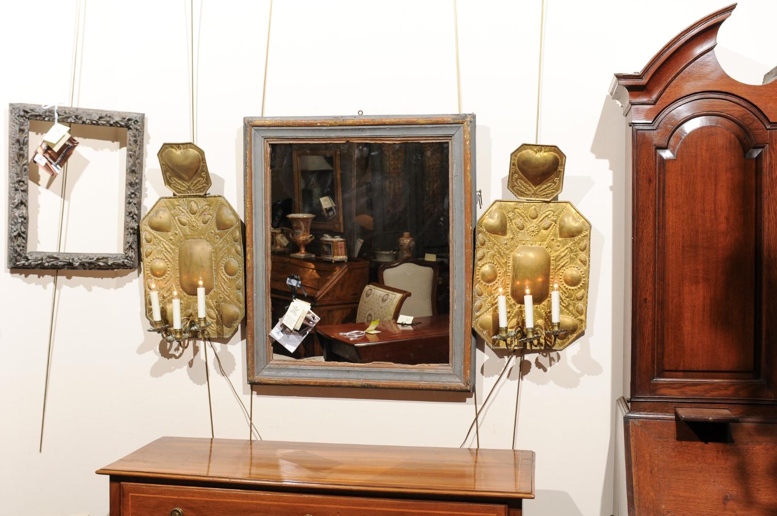 European Pair of 18th Century Dutch Brass Sconces with Heart Decoration & 3 Lights