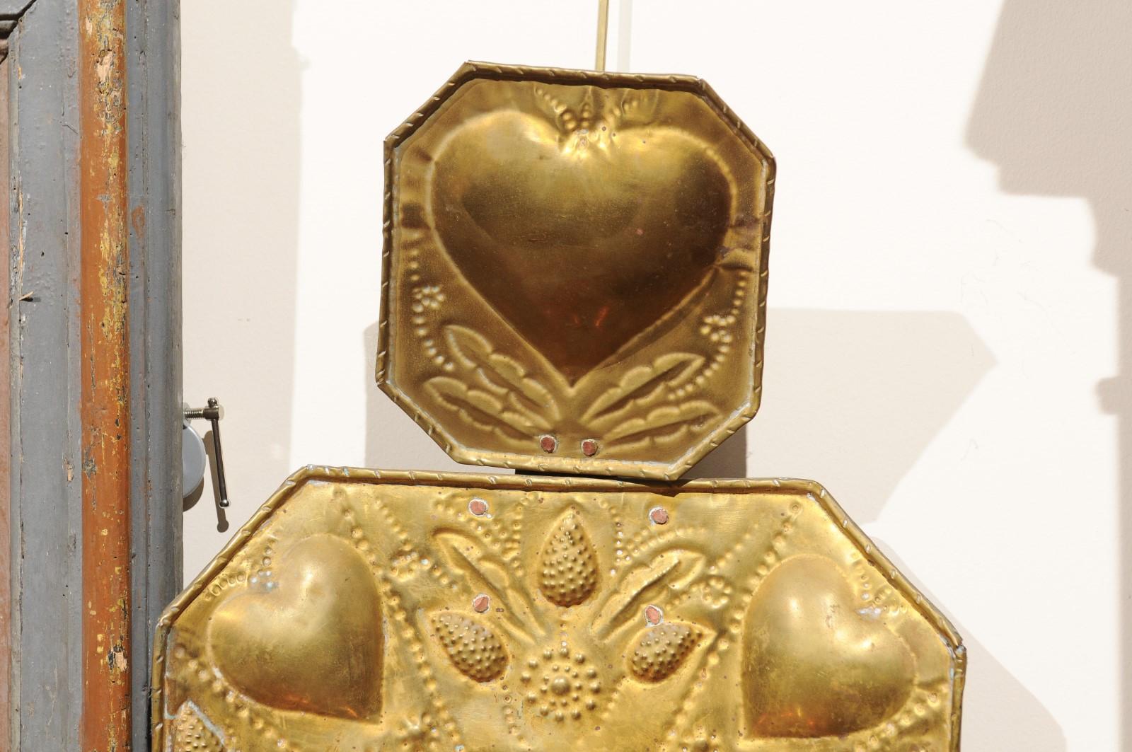 Pressed Pair of 18th Century Dutch Brass Sconces with Heart Decoration & 3 Lights