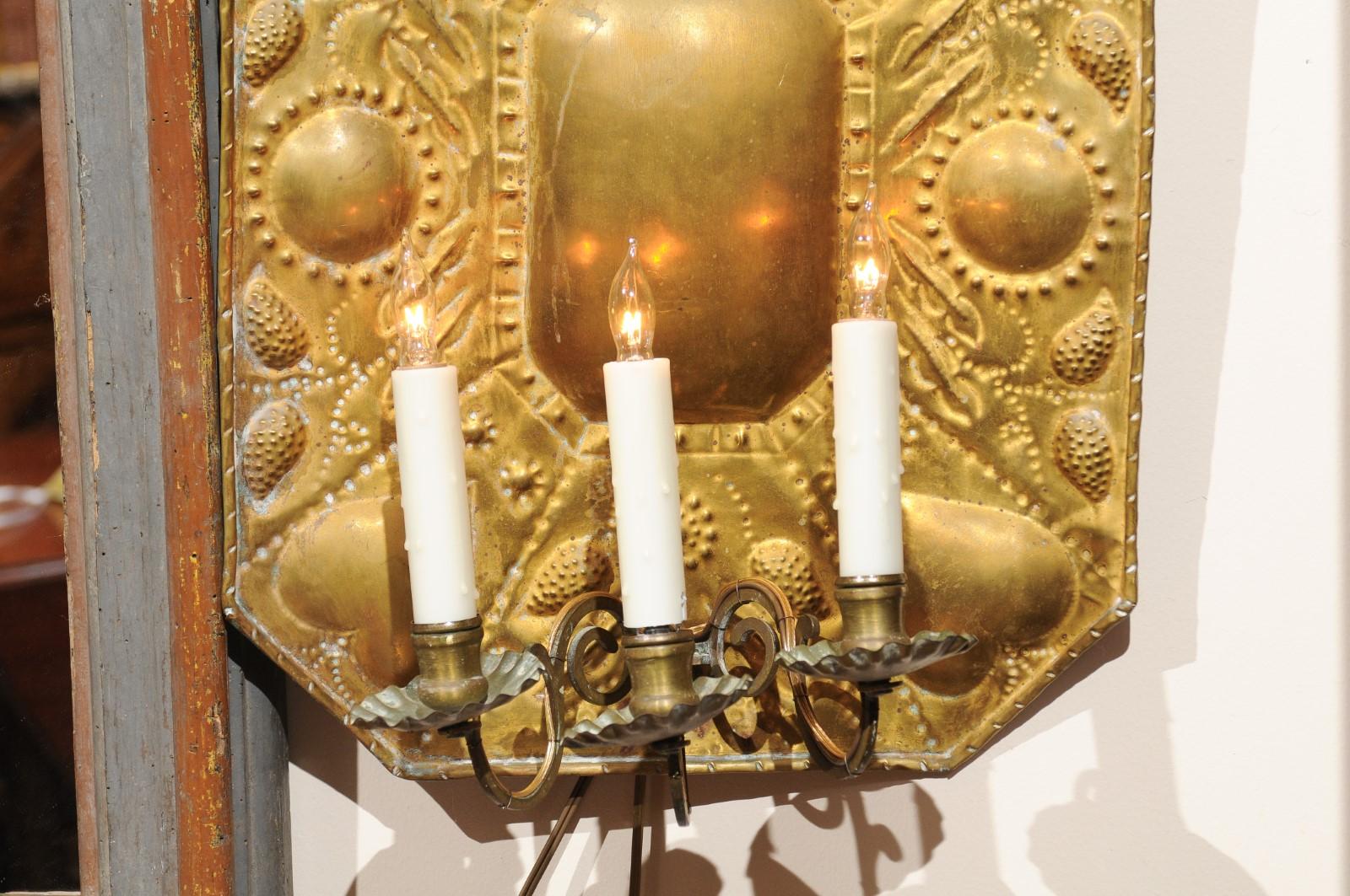 Pair of 18th Century Dutch Brass Sconces with Heart Decoration & 3 Lights 1