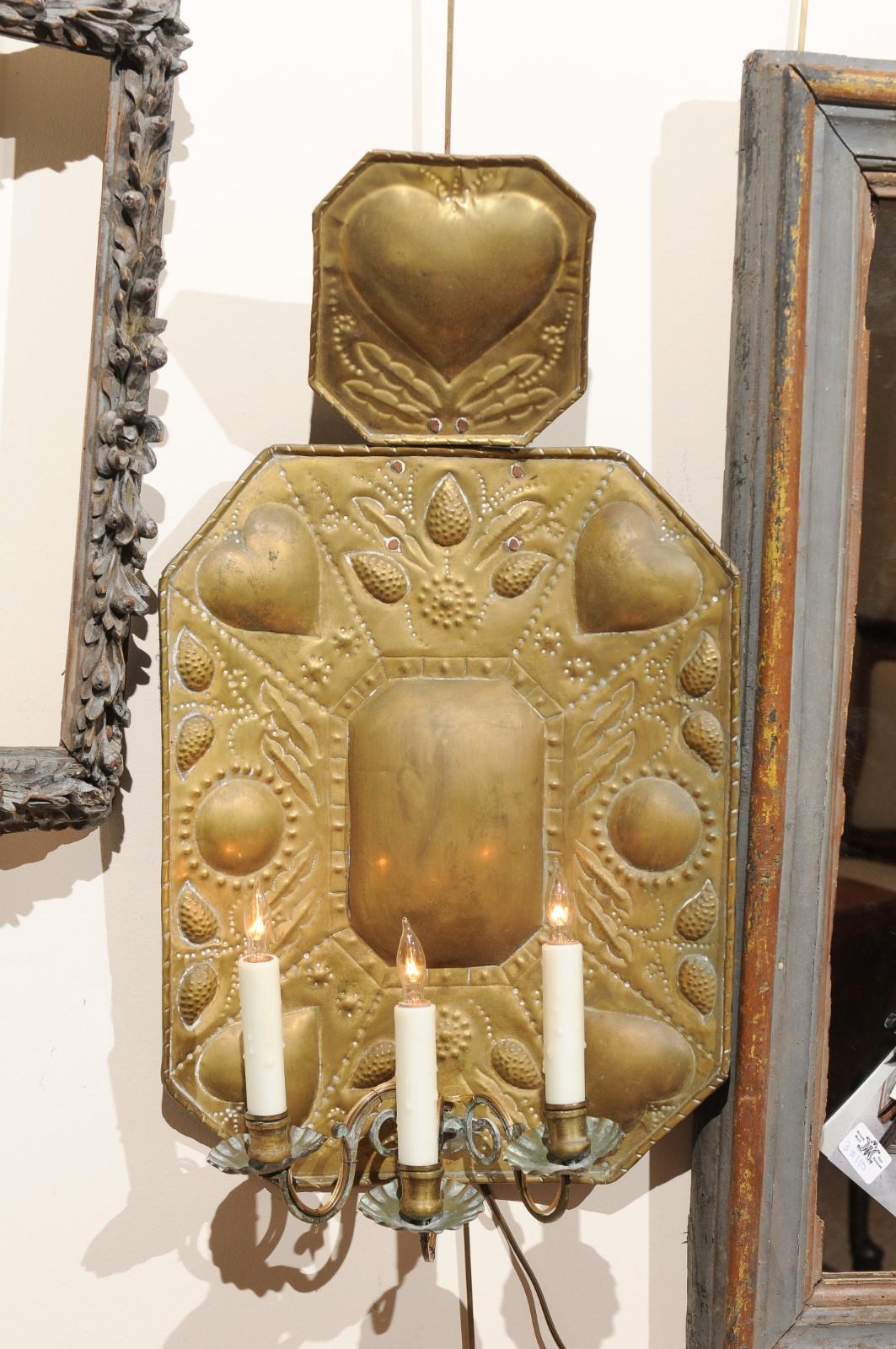 Pair of 18th Century Dutch Brass Sconces with Heart Decoration & 3 Lights 2