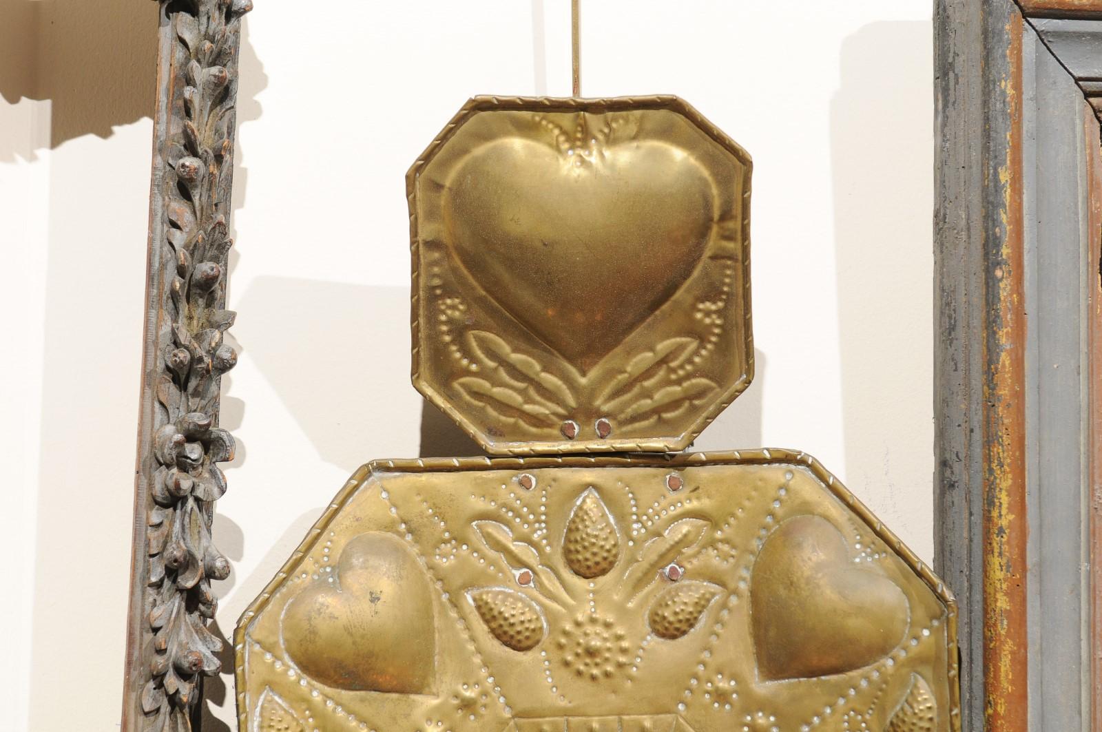 Pair of 18th Century Dutch Brass Sconces with Heart Decoration & 3 Lights 3