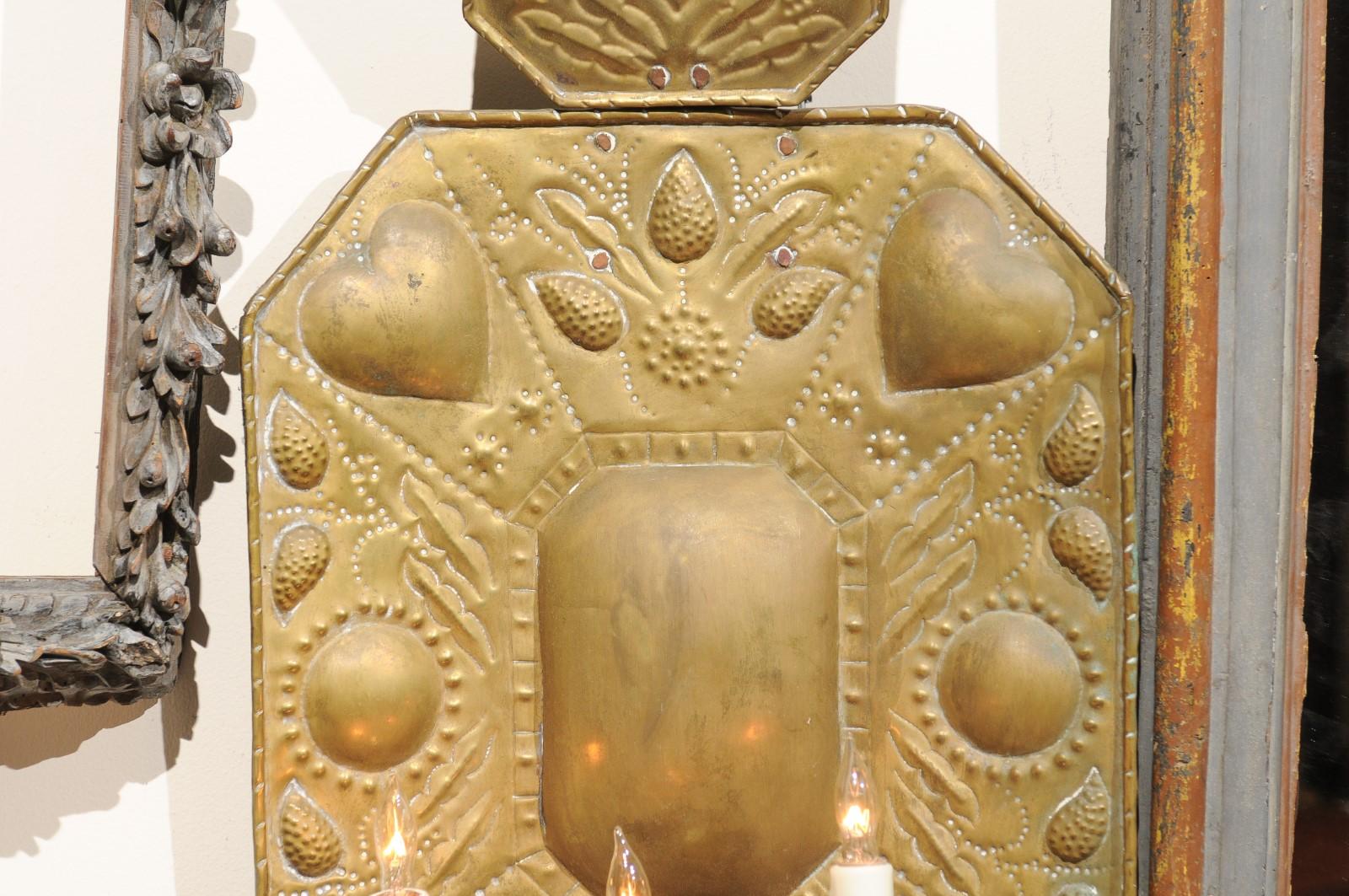 Pair of 18th Century Dutch Brass Sconces with Heart Decoration & 3 Lights 4