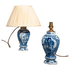 Retro Pair of 18th Century Dutch Delft Blue and White Chinoiserie Vase Lamps