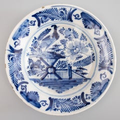 Pair of 18th Century Dutch Delft Faience Chinoiserie Floral Bird Plates