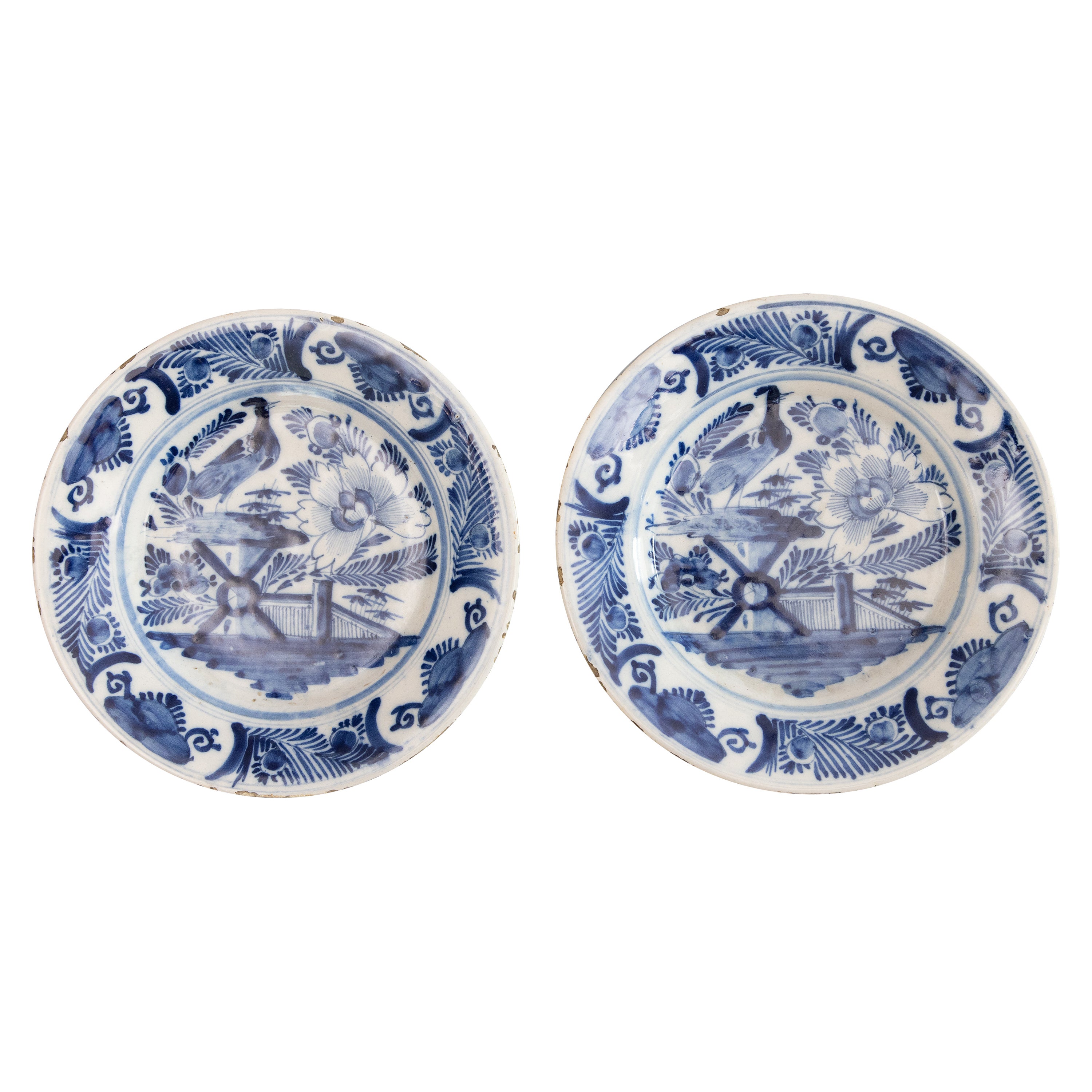 Paar holländische Delft-Fayence-Chinoiserie-Vogelteller aus dem 18.