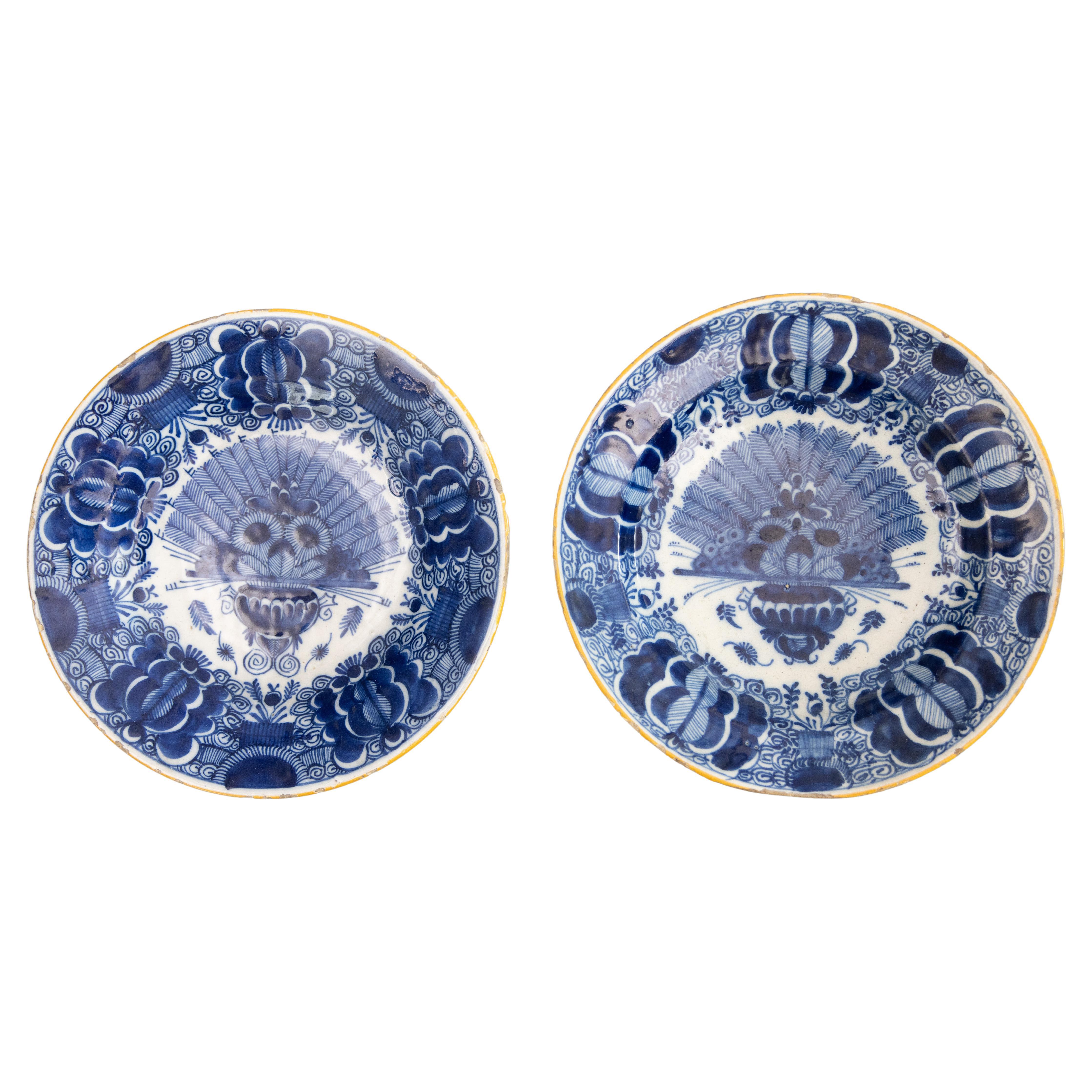 Pair of 18th Century Dutch Delft Faience Peacock Plates For Sale