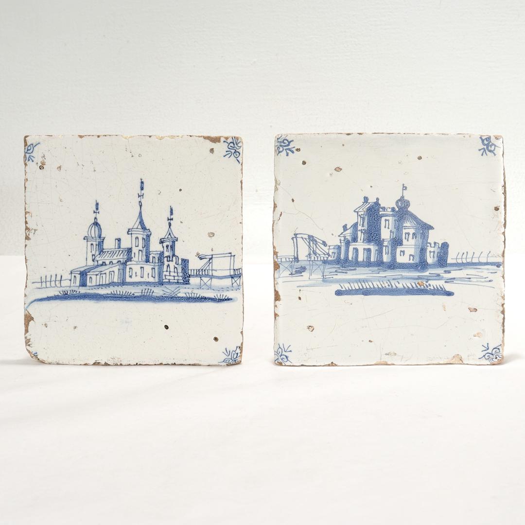 A fine pair of antique 18th century Dutch Delft pottery tile.

Each with landscapes depicting houses and canal scenes.

Simply a wonderful pair of Dutch Delft tile!

Date:
18th Century

Overall Condition:
They are in overall fair,