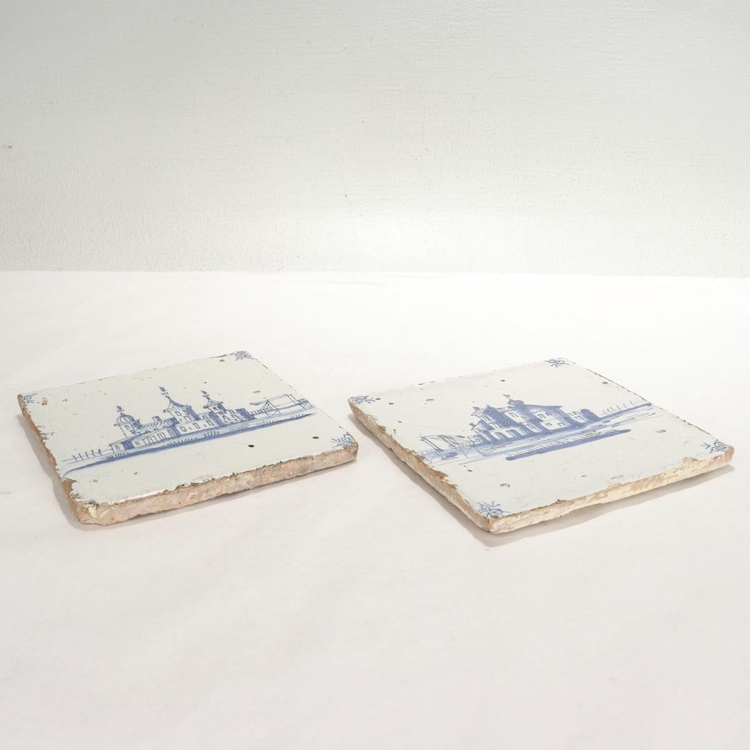 Pair of 18th Century Dutch Delft Tiles with Landscape & Canal Scenes In Fair Condition In Philadelphia, PA