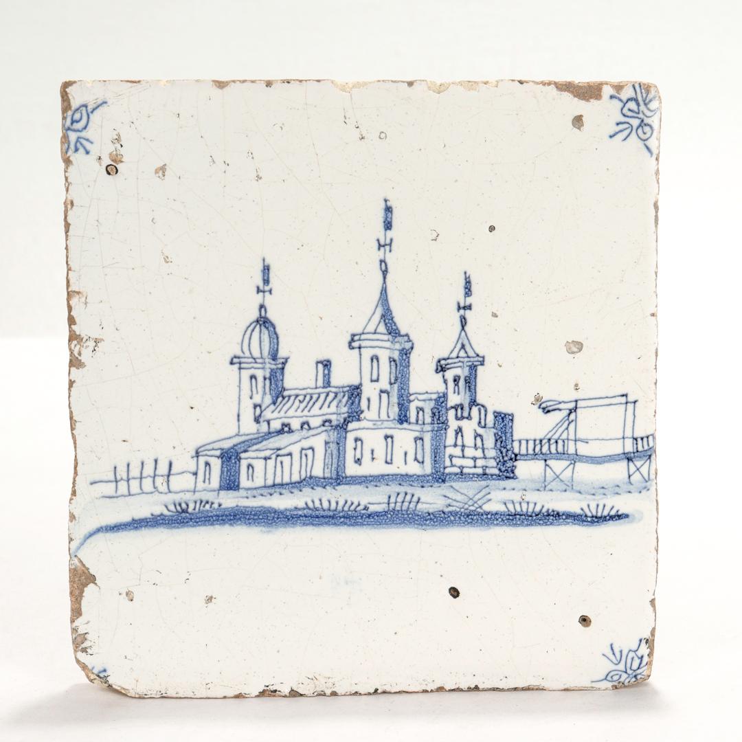 18th Century and Earlier Pair of 18th Century Dutch Delft Tiles with Landscape & Canal Scenes
