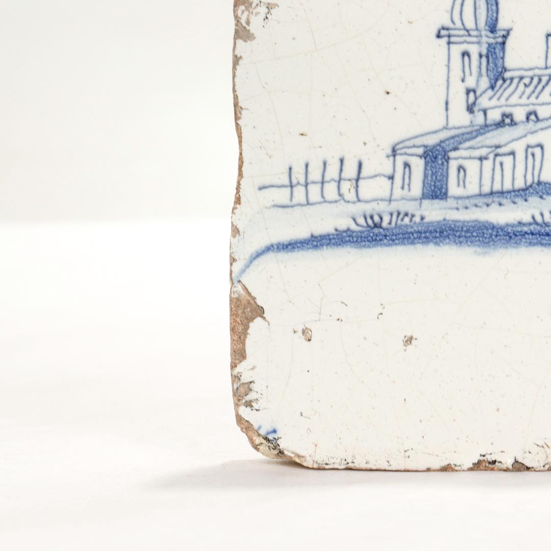 Pair of 18th Century Dutch Delft Tiles with Landscape & Canal Scenes 1