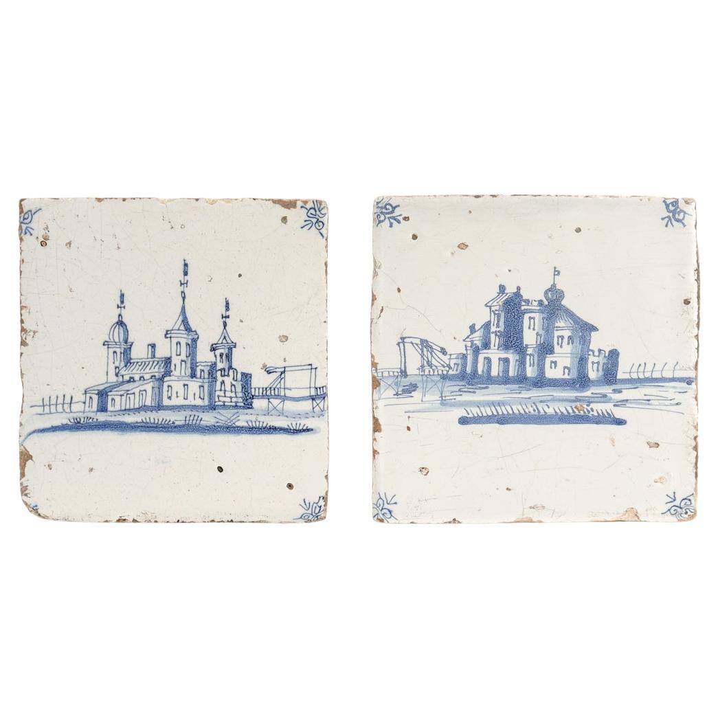 Pair of 18th Century Dutch Delft Tiles with Landscape & Canal Scenes