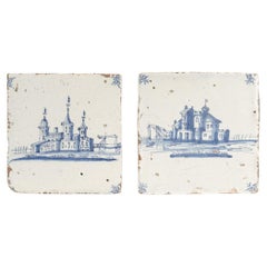Pair of 18th Century Dutch Delft Tiles with Landscape & Canal Scenes