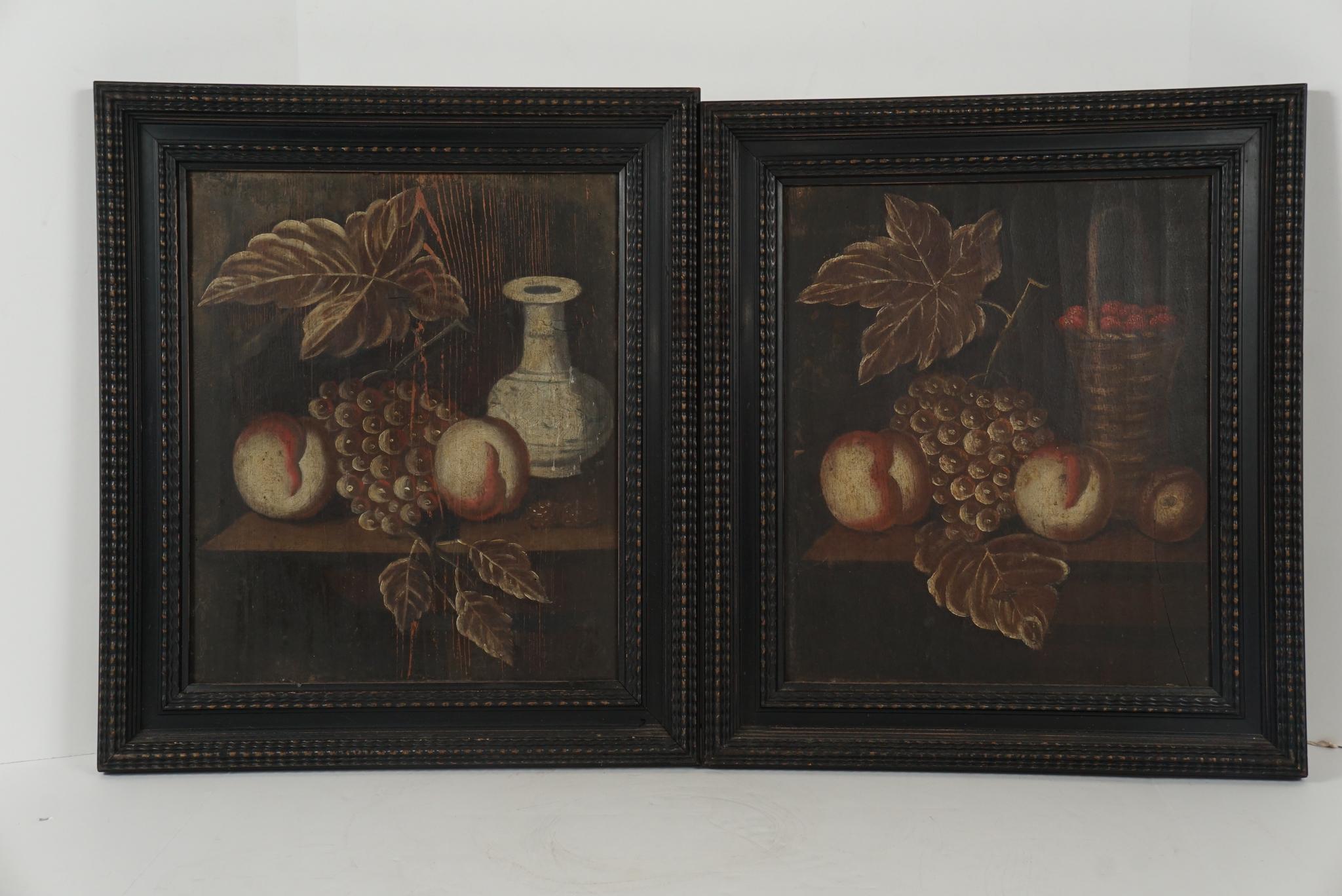 The pair are painted on wood panel and done circa 1760 by a country artist working from life. Each composition is very similar but subtly different and incorporating different leaves and or objects while retaining the same fruit. Both panels show