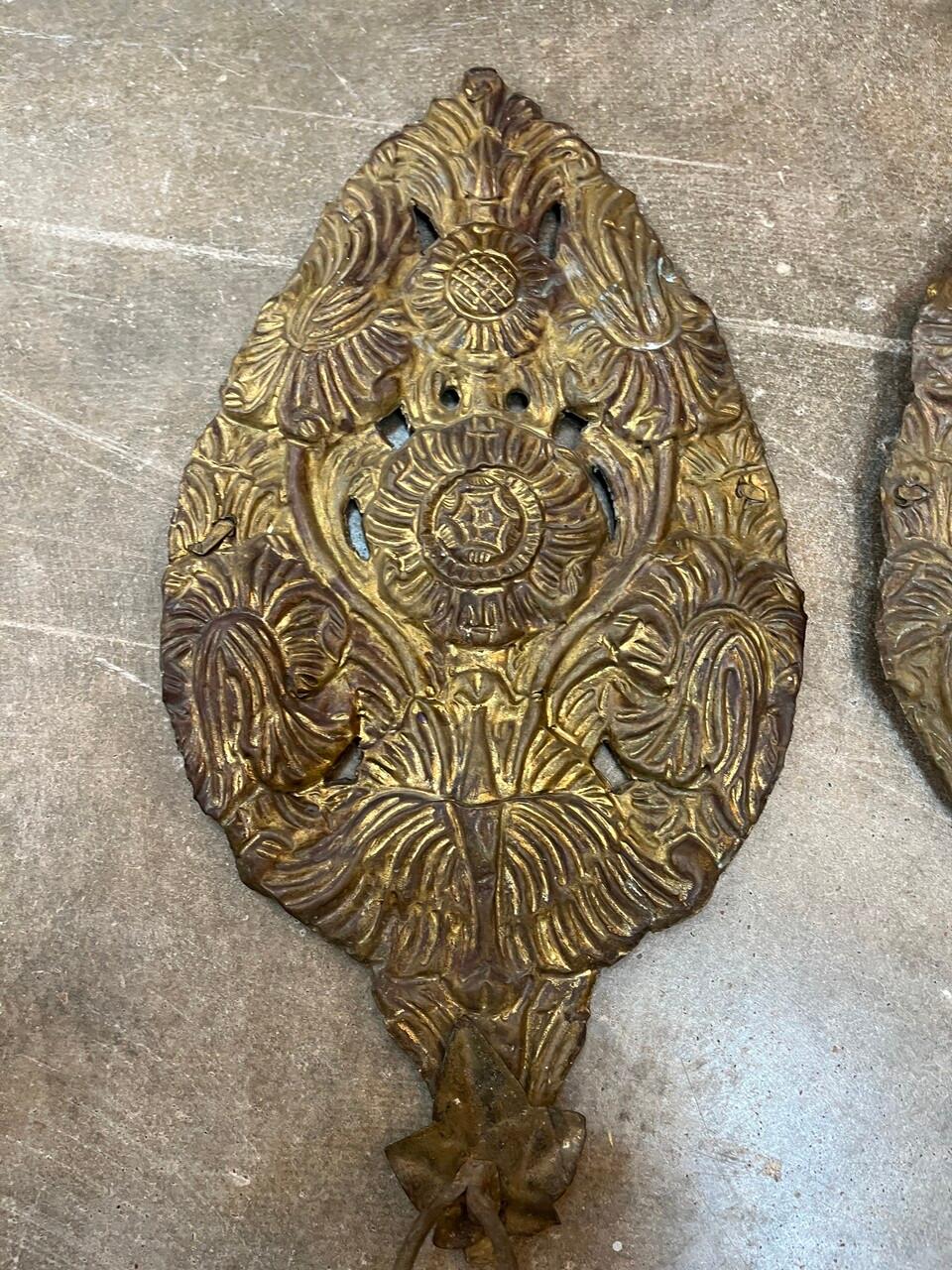 Pair of 18th Century Embossed Copper Sconces. Two candles each, sunflower design. Nice vintage condition.