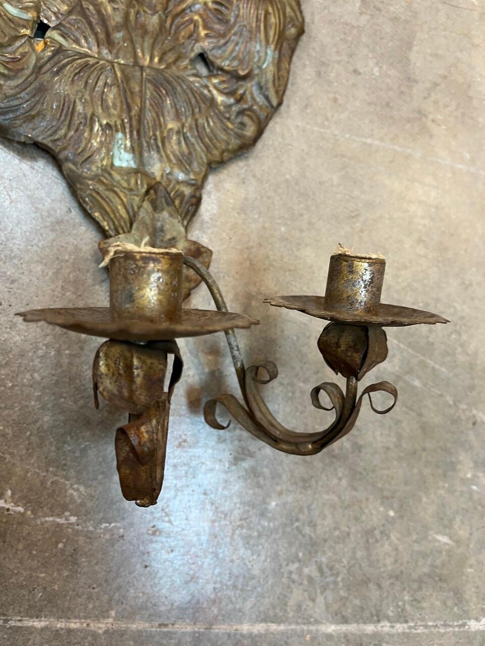 Hand-Crafted Pair of 18th Century Embossed Copper Sconces For Sale