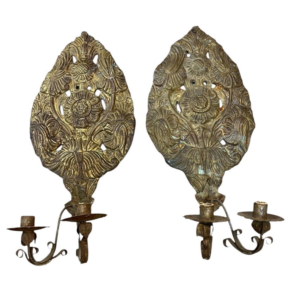 Pair of 18th Century Embossed Copper Sconces For Sale