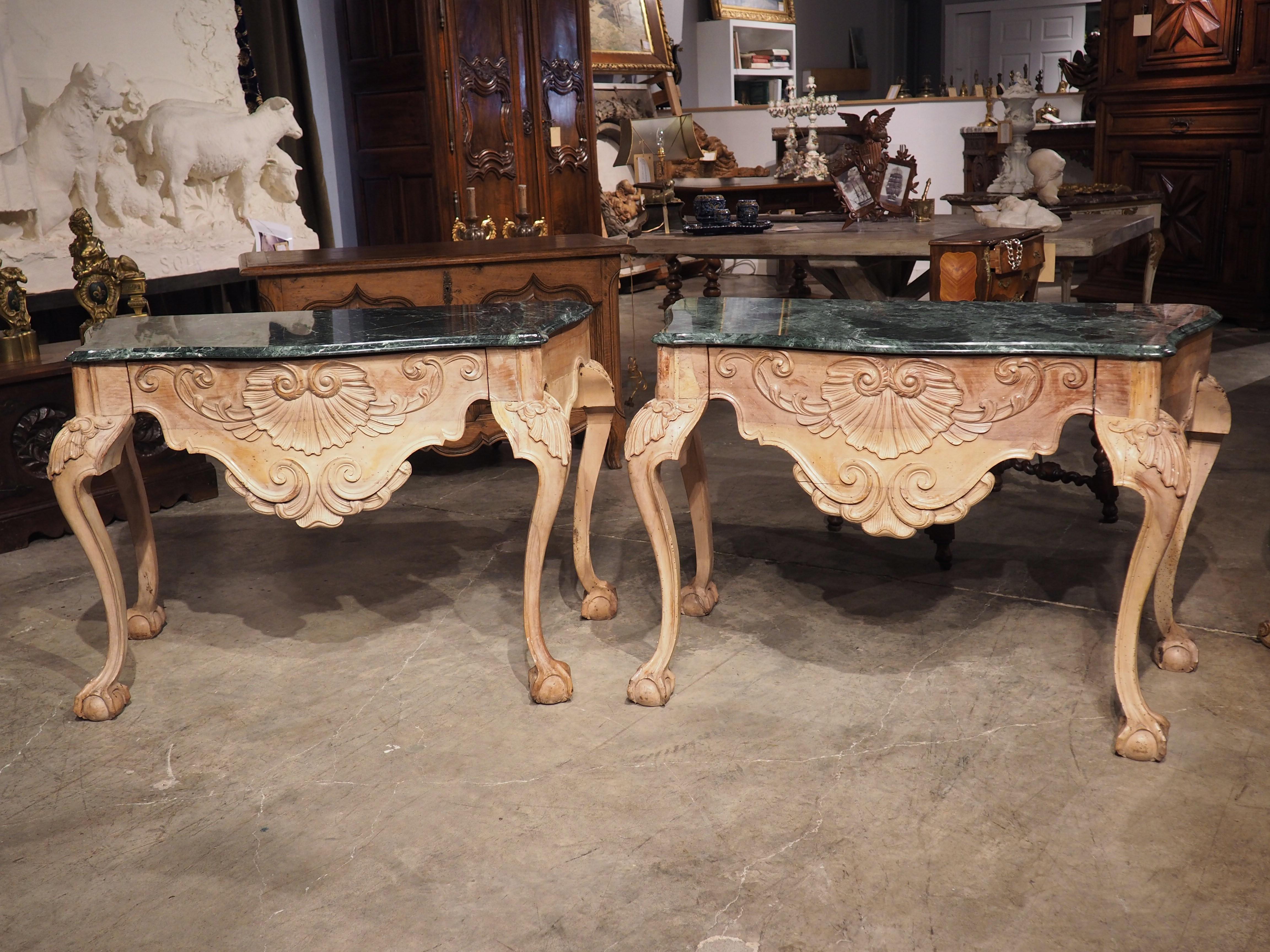 Pair of 18th Century English Ball and Claw Console Tables with Marble Tops For Sale 14
