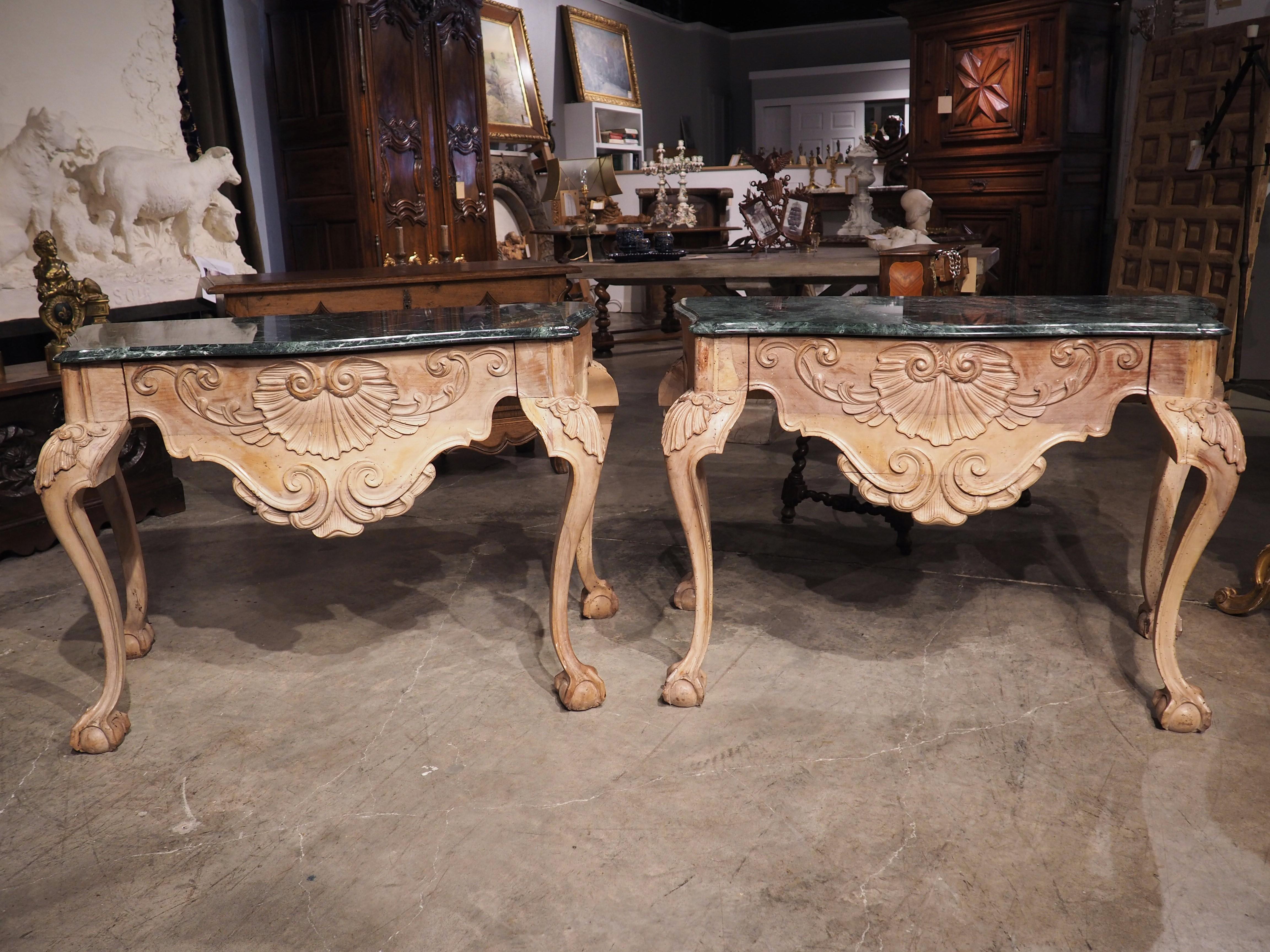 Chippendale Pair of 18th Century English Ball and Claw Console Tables with Marble Tops For Sale