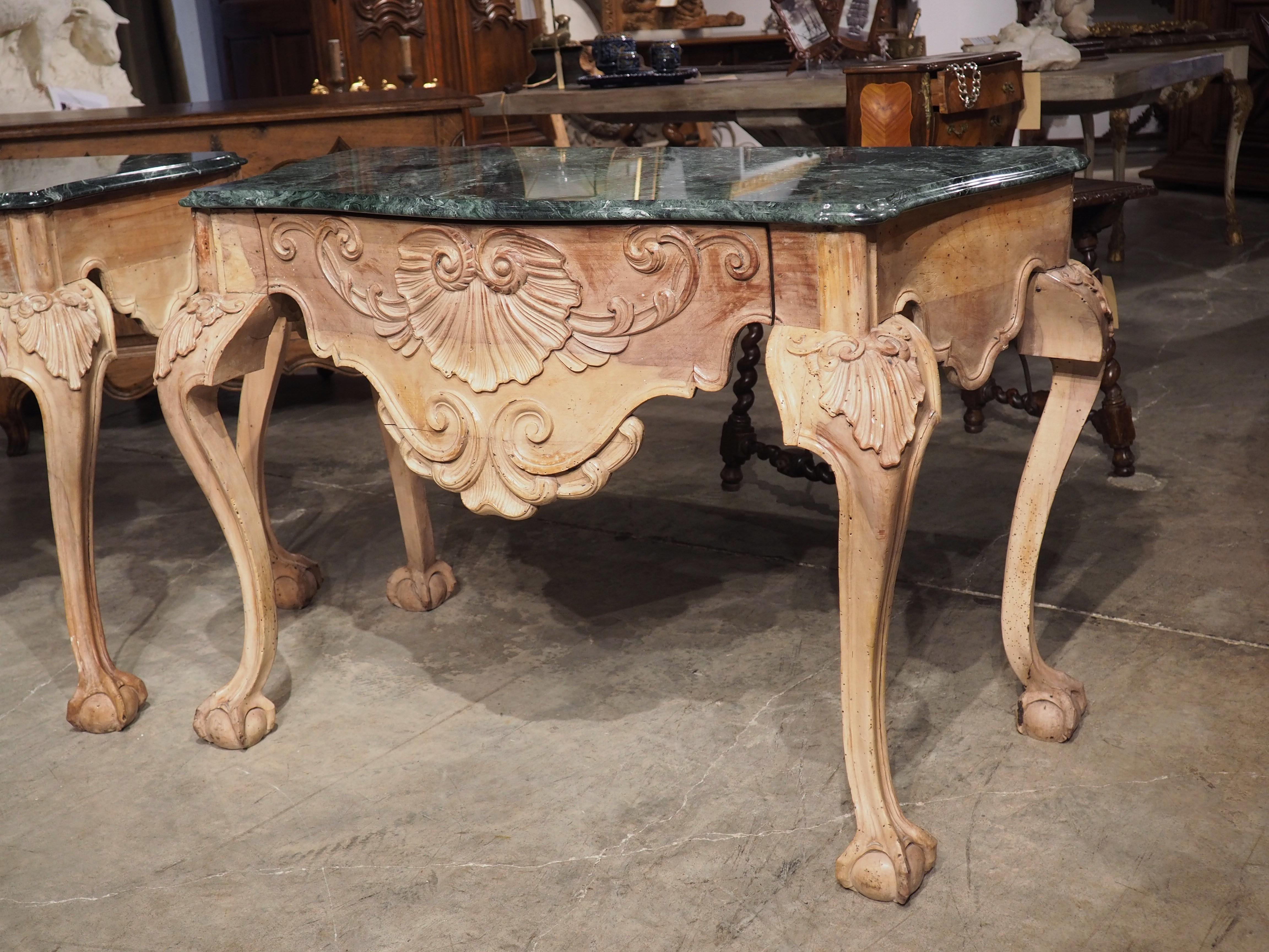 Hand-Carved Pair of 18th Century English Ball and Claw Console Tables with Marble Tops For Sale