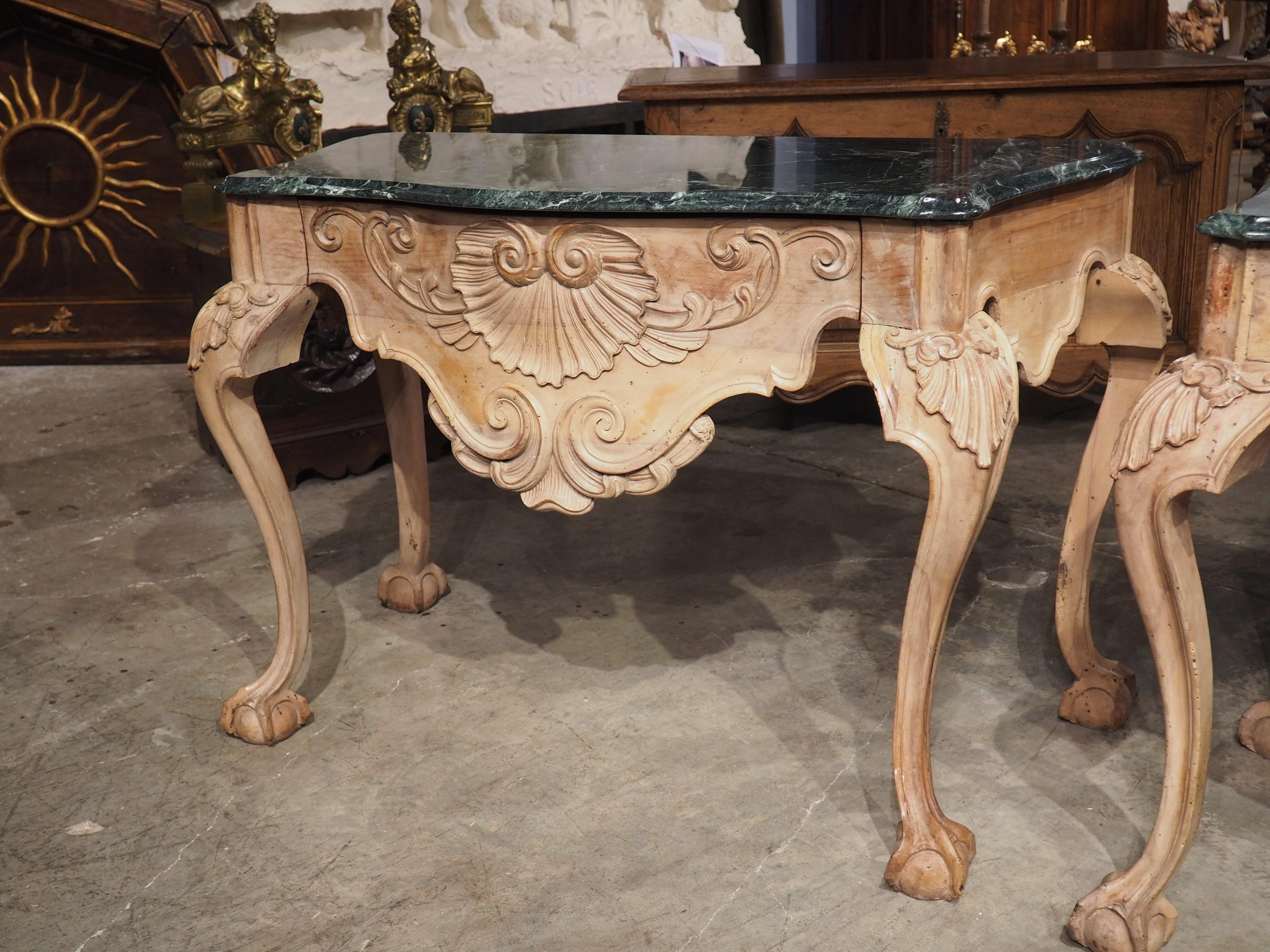 Pair of 18th Century English Ball and Claw Console Tables with Marble Tops In Good Condition For Sale In Dallas, TX