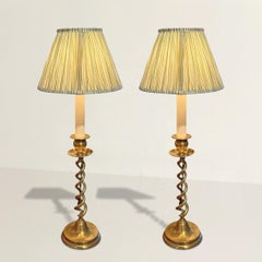 Pair of 18th Century English Brass Barley-Twist Candlestick Lamps