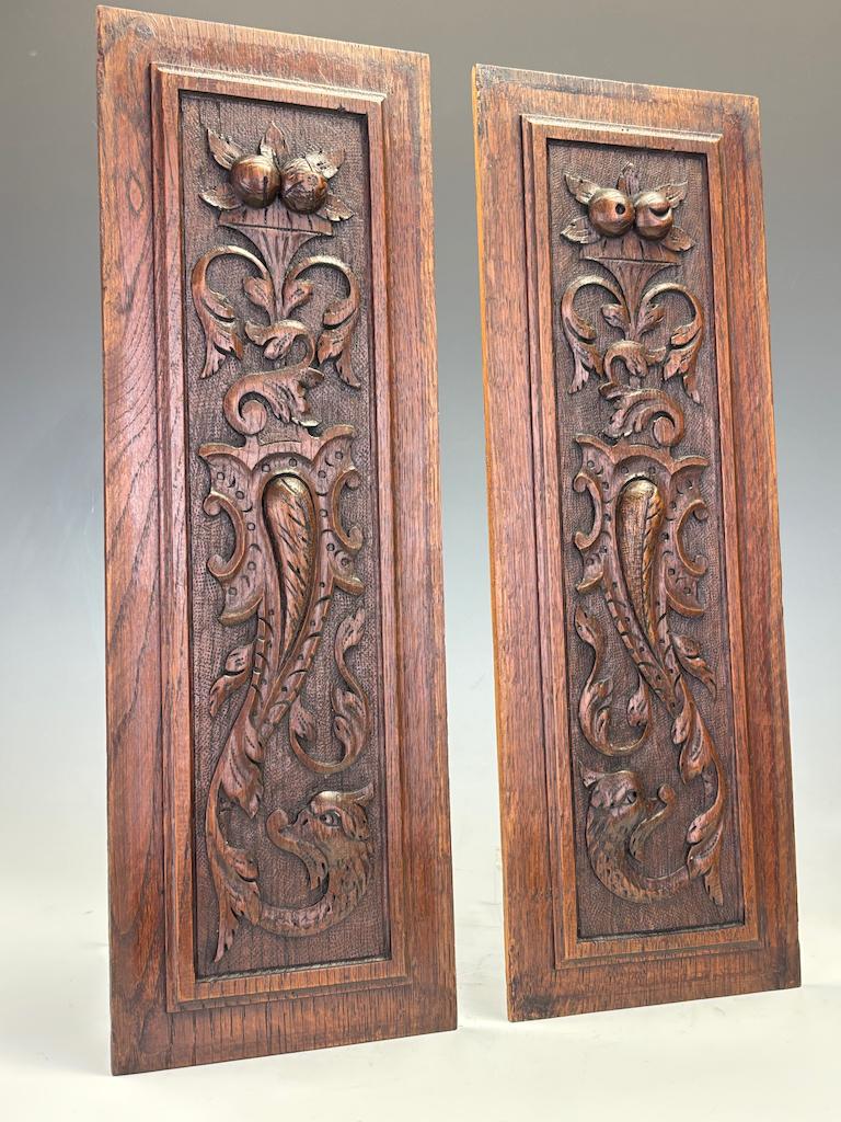 Paar englische geschnitzte Eichenpaneele aus dem 18. Jahrhundert mit mystischen Delphinen (18. Jahrhundert und früher) im Angebot
