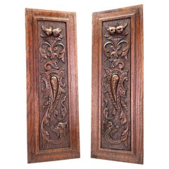 Antique Pair of 18th-Century English Carved Oak Panels with Mystic Dolphins