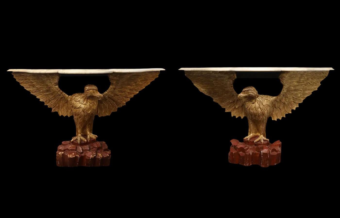 A Fantastic Pair of 18th Century English, George II Period Eagle Console Tables / Side tables in the Manner of William Kent, Finely Gilt on Carved Pine Wood.
Each console table is composed of a shaped marble top resting above a fully carved giltwood