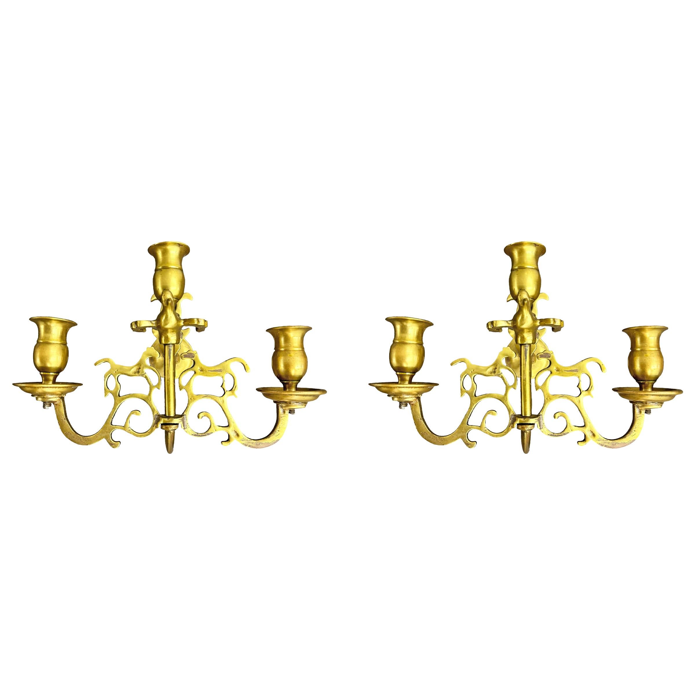 Hand-Crafted Pair of 18th Century English Georgian Brass Candle Sconces For Sale