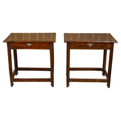 Antique Pair of 18th Century English Georgian Yew Wood Side Tables with Single Drawers