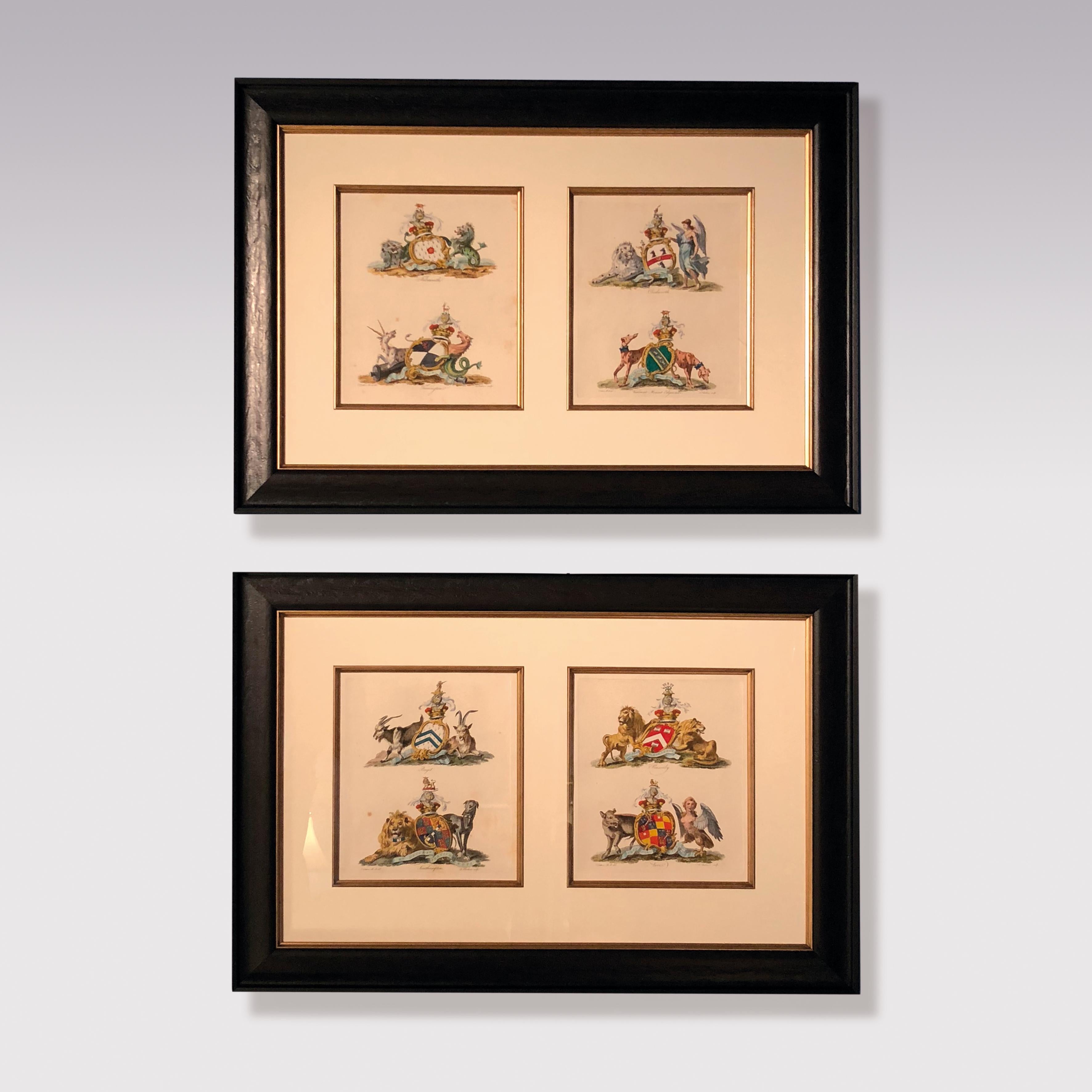 We have a series of these very attractive prints from the 1790, cut and beautifully hand coloured. Each coat of arms represent one of the grand aristocratic families of that age. They are housed in ebonised reeded frames with double mounts and