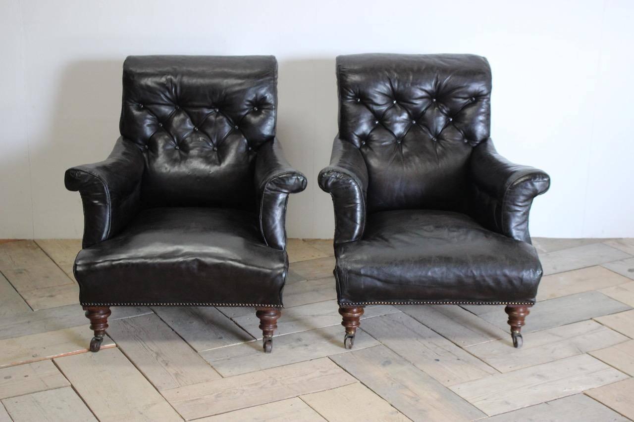 18th Century and Earlier Pair of 18th Century English Library Armchairs in Leather