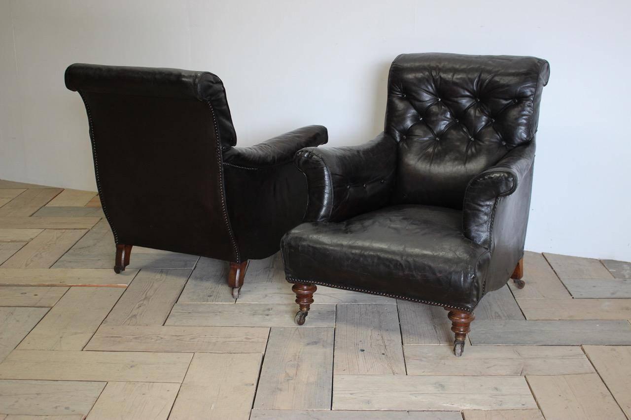 Pair of 18th Century English Library Armchairs in Leather 1