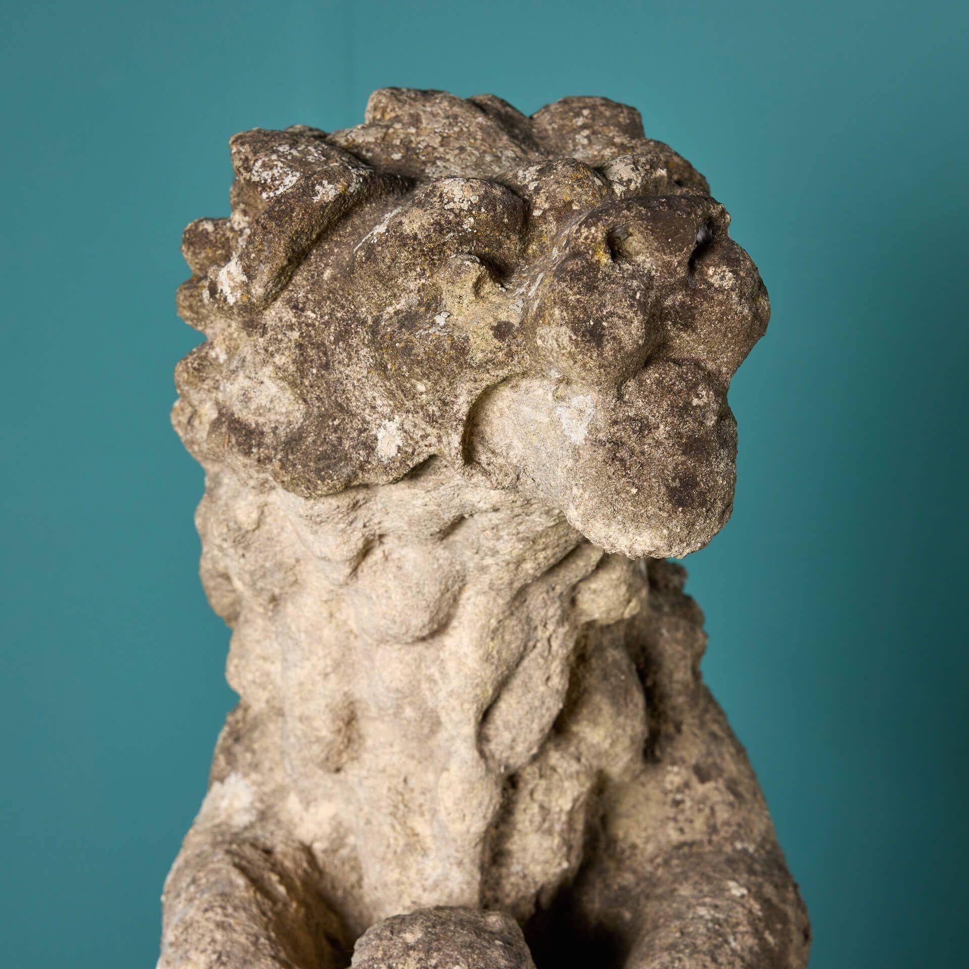 Hand-Crafted Pair of 18th Century Armorial Stone Lion Statues For Sale