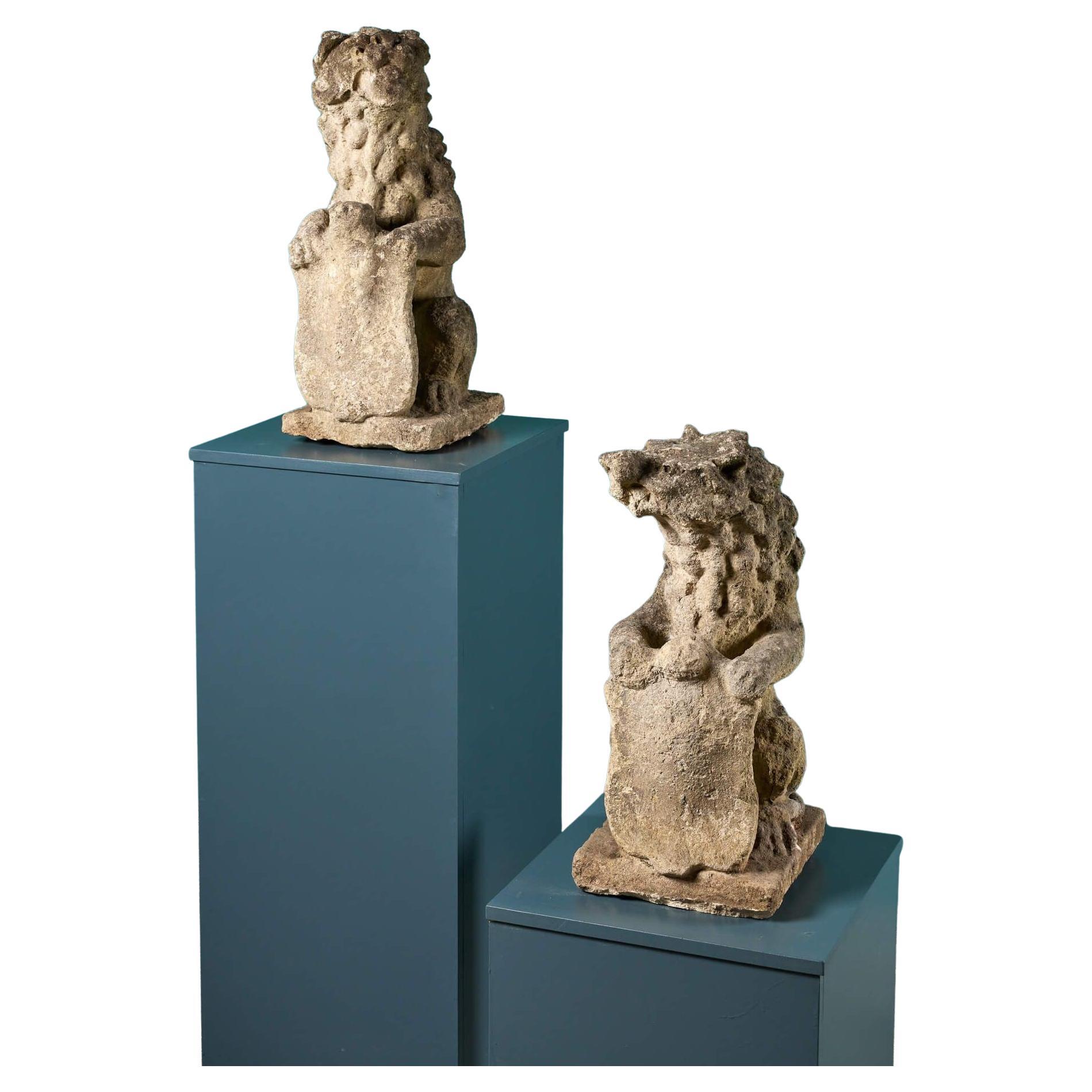 Pair of 18th Century Armorial Stone Lion Statues For Sale