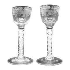 Pair of 18th Century Engraved Opaque Twist Double Spiral Wine Glasses